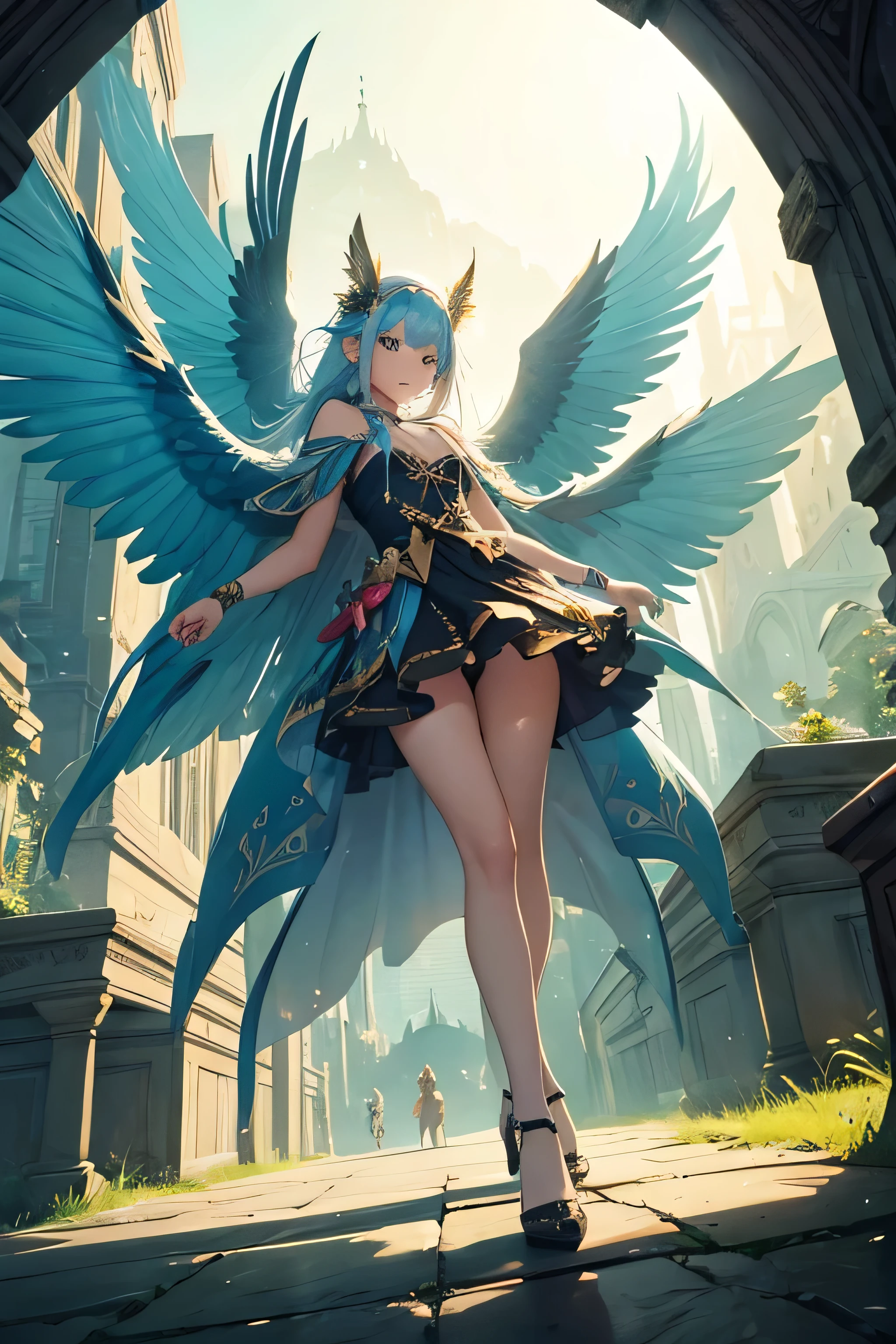 A fascinating fantasy painting of a young girl in the midst of beautiful female harpies.., Colorful Harpy. They soar above the bustling city, The girl is wearing a see-through dress、Wearing a trailing cape. This harpy has a very beautiful appearance., With wings that shine in the sunlight. This scene exudes a fascinating atmosphere., Make your audience feel like they're part of a magical adventure. Make your audience feel like they're part of a magical adventure.