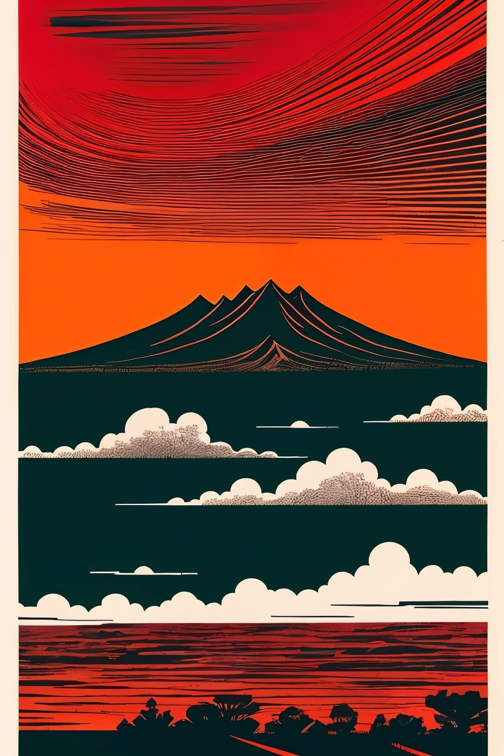 a poster of a red sky with clouds and a mountain in the background, a woodcut by Eric Dinyer, tumblr, nuclear art, charles burns, red clouds, red stormy sky, the artist is charles burns, ) ominous vibes, beautiful high contrast woodcut, brutal shapes stormy sky, victo ngai! muted colors, red skies