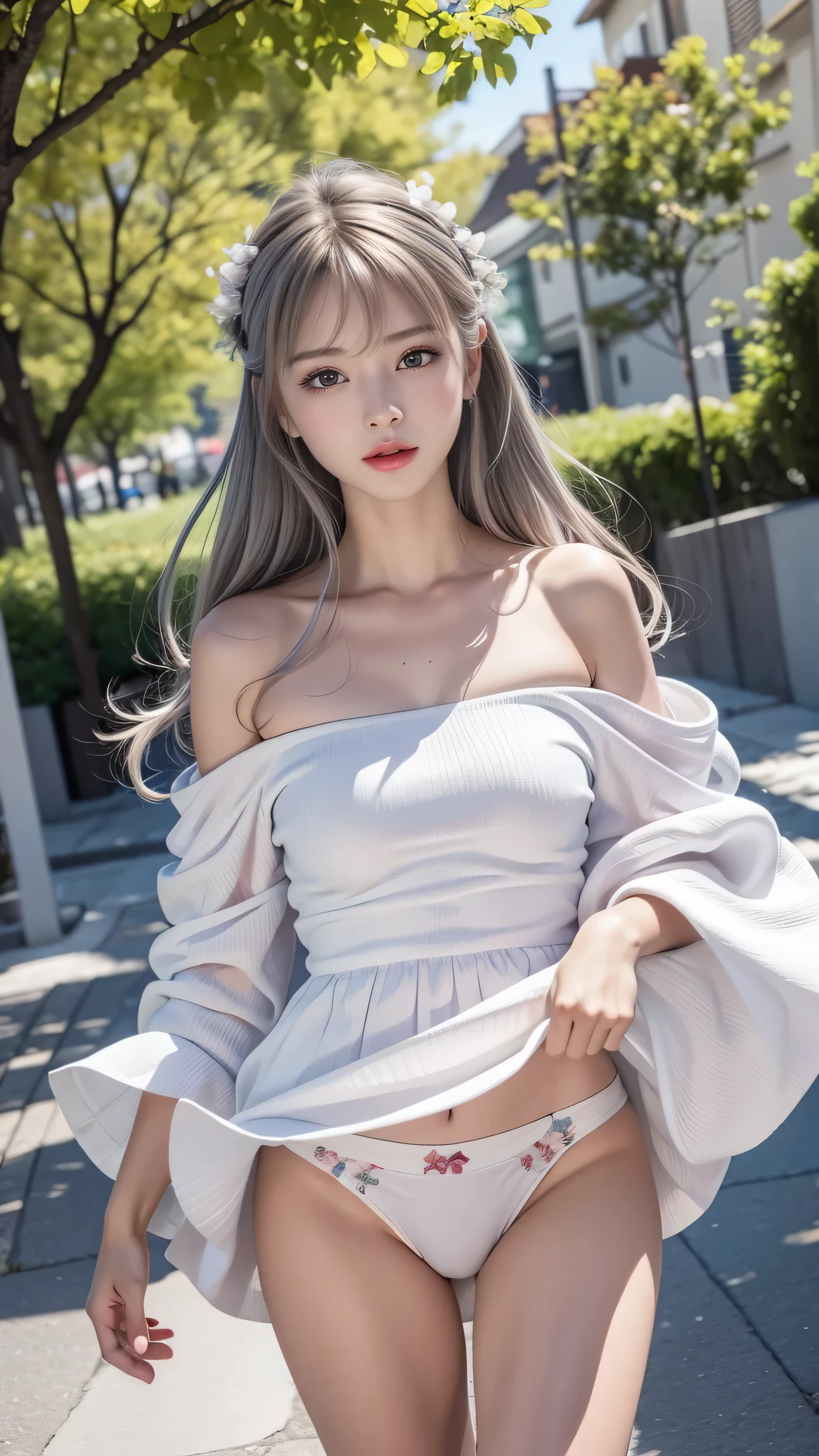 Top quality work、Real works、Ultra Premium Graphics、8K HD CG Works、High Quality Graphics、High-definition CG works、10x pixels、Ultra-fine detail：1.1、Advanced Technical Details：1. 1 PhotoReal、（ walking in the park）Natural light：1.5.Light Effects（Virtual Light Effects：1.8）、Wet Long Silver Hair、Silver Hair、Transparent hair、Highly detailed hair（Premium Hair Detail：1. 1）Clear Eyes、Beautiful double eyelids、Sharp eye makeup、Delicate eyelash makeup、Thin eyebrows、Eye for detail、High nose、Nice red lips、Rosy Cheeks、Delicate makeup face、Cute Face、Perfectly Proportioned Face、（Advanced Facial Detail：1. 1）、Shine、（8. Off-the-shoulder white floral dress)）、girl、photo shoot、woman＆＃39； Work of、whole body、Real、wonderful、My eyes are shining today、、(Sudden、Wind)、(The wind flips up my skirt)、(I can see her panties)、。

