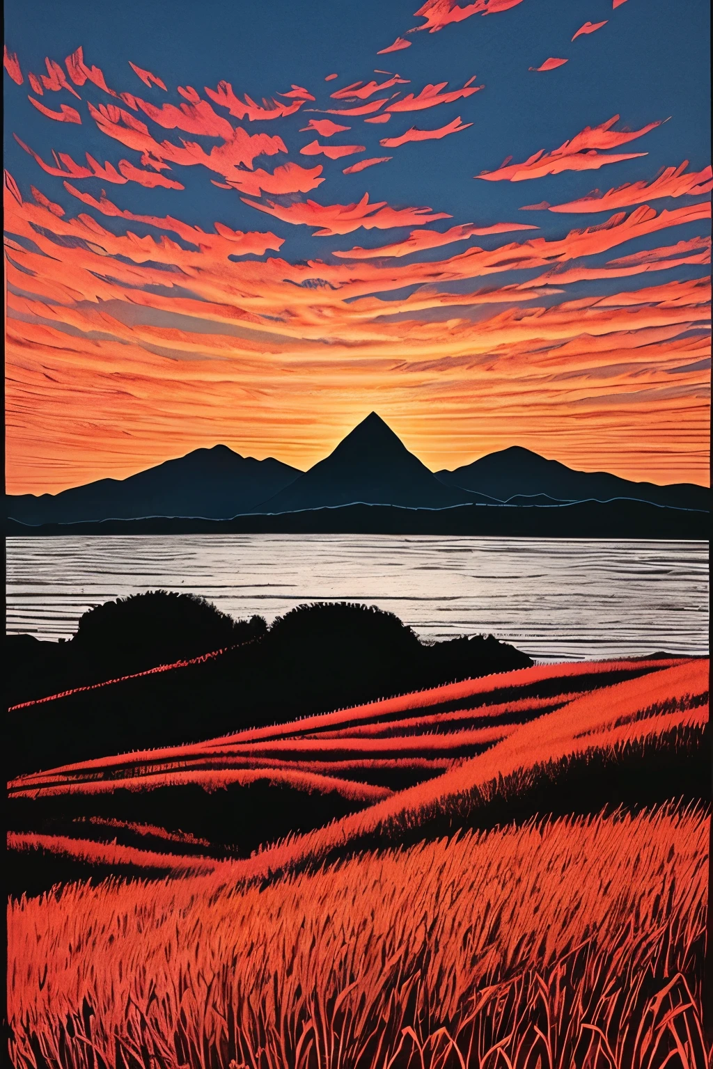 a poster of a red sky with clouds and a mountain in the background, charles burns, red clouds, by Eric Dinyer, red stormy sky, by Craig Thompson, the artist is charles burns, by Yoshio Markino, by Ed Emshwiller, ) ominous vibes, by Justin Gerard, beautiful high contrast woodcut, by Eric Auld