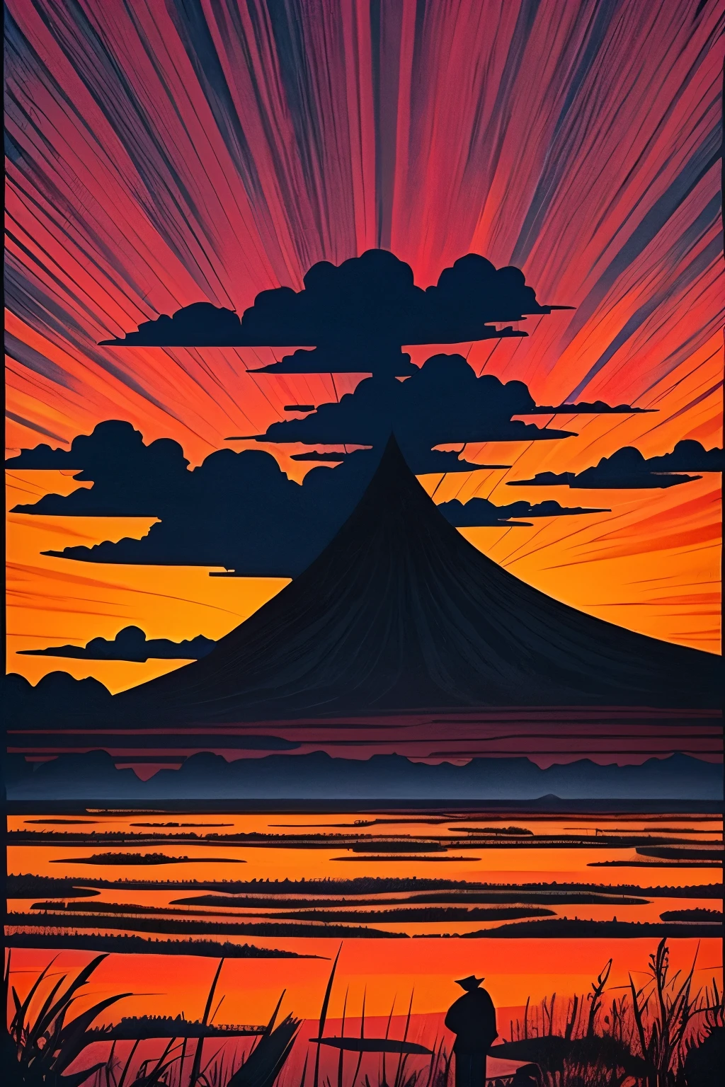 a poster of a red sky with clouds and a mountain in the background, charles burns, red clouds, by Eric Dinyer, red stormy sky, by Craig Thompson, the artist is charles burns, by Yoshio Markino, by Ed Emshwiller, ) ominous vibes, by Justin Gerard, beautiful high contrast woodcut, by Eric Auld