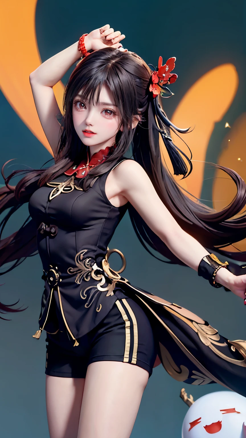 ((highest quality、8K、masterpiece:1.3)), (Cute pattern in gold leaf,  of black cloth, Cheongsam trimmed in orange:1.5), clear, fine-textured skin、beautiful clear eyes、cleavage、Carefree and natural smile、(long hair,silver hair:1.5)、(hair tousled by the wind:1.3)、、Beautiful girl with a smile、(thin waist:1.3)、(Dynamic and provocative poses:1.2)、