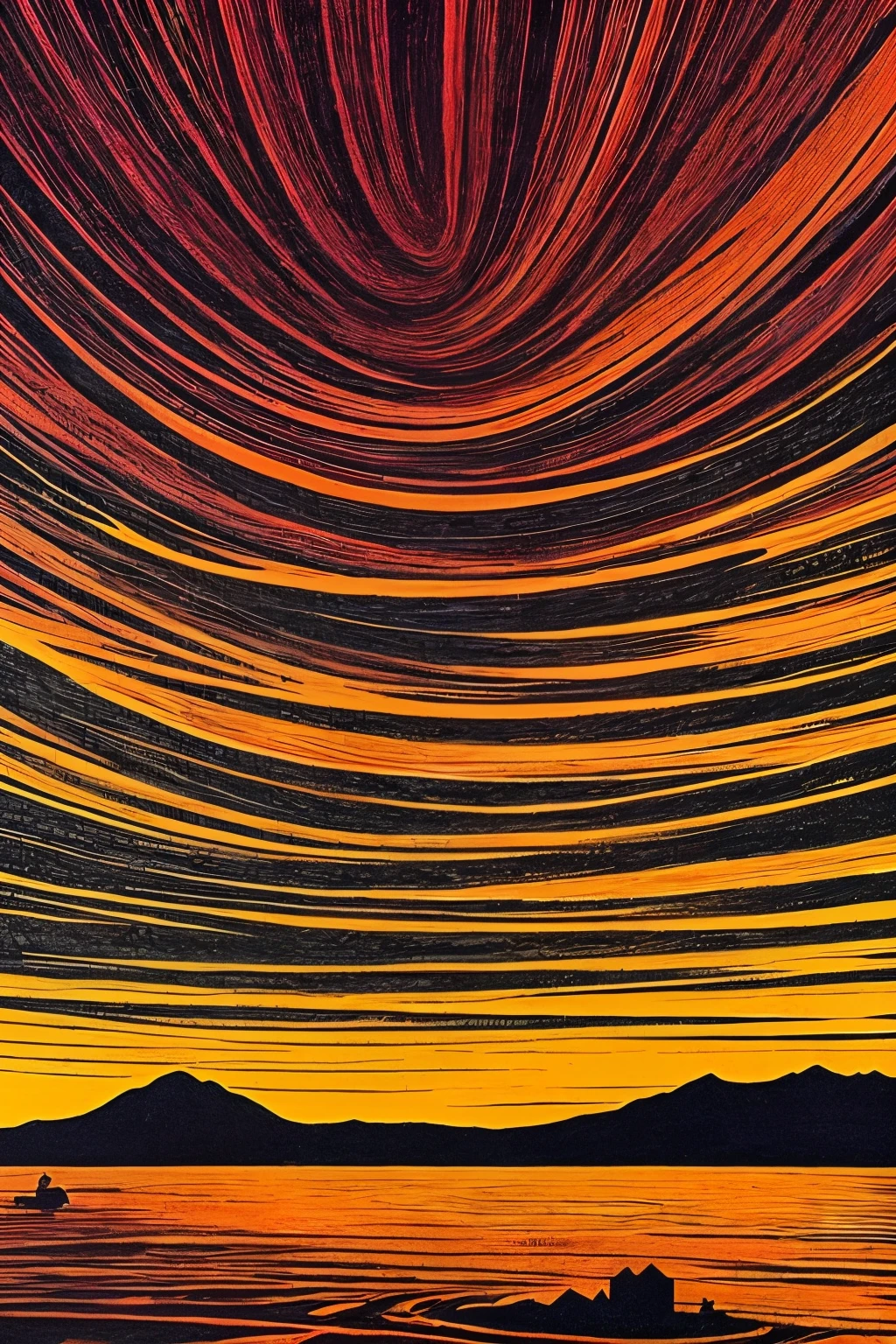 a poster of a red sky with clouds and a mountain in the background, charles burns, red clouds, by Eric Dinyer, red stormy sky, by Craig Thompson, the artist is charles burns, by Yoshio Markino, by Ed Emshwiller, ) ominous vibes, by Justin Gerard, beautiful high contrast woodcut, by Eric Auld