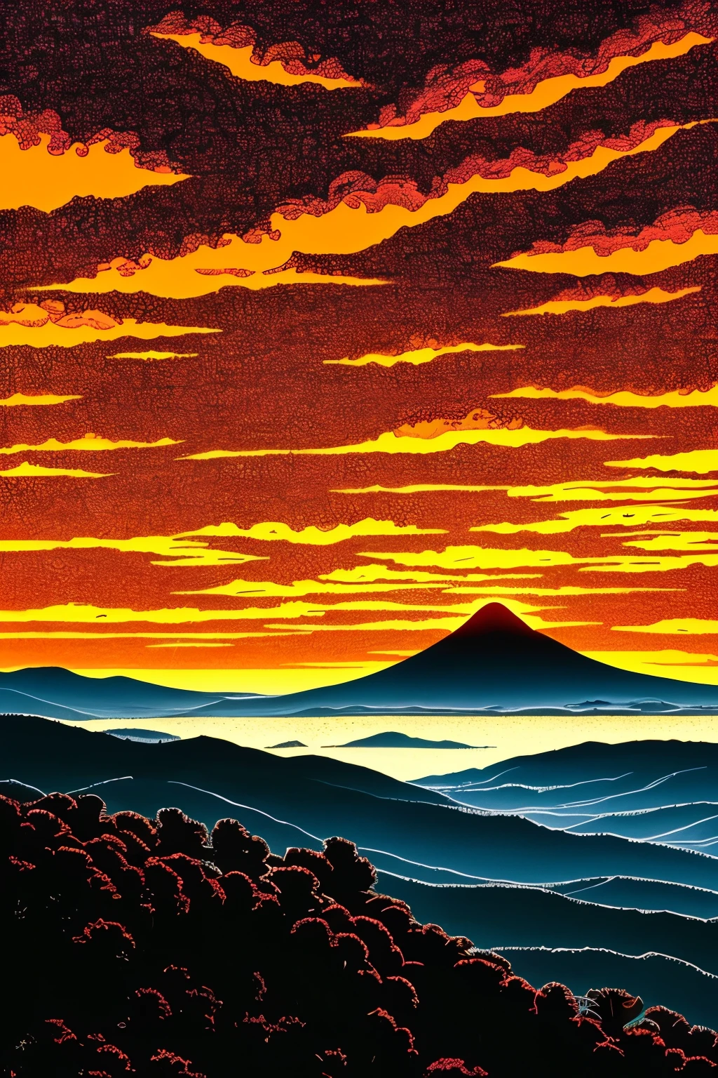 a poster of a red sky with clouds and a mountain in the background, charles burns, red clouds, by Eric Dinyer, red stormy sky, by Craig Thompson, the artist is charles burns, by Yoshio Markino, by Ed Emshwiller, ) ominous vibes, by Justin Gerard, beautiful high contrast woodcut, by Eric Auld