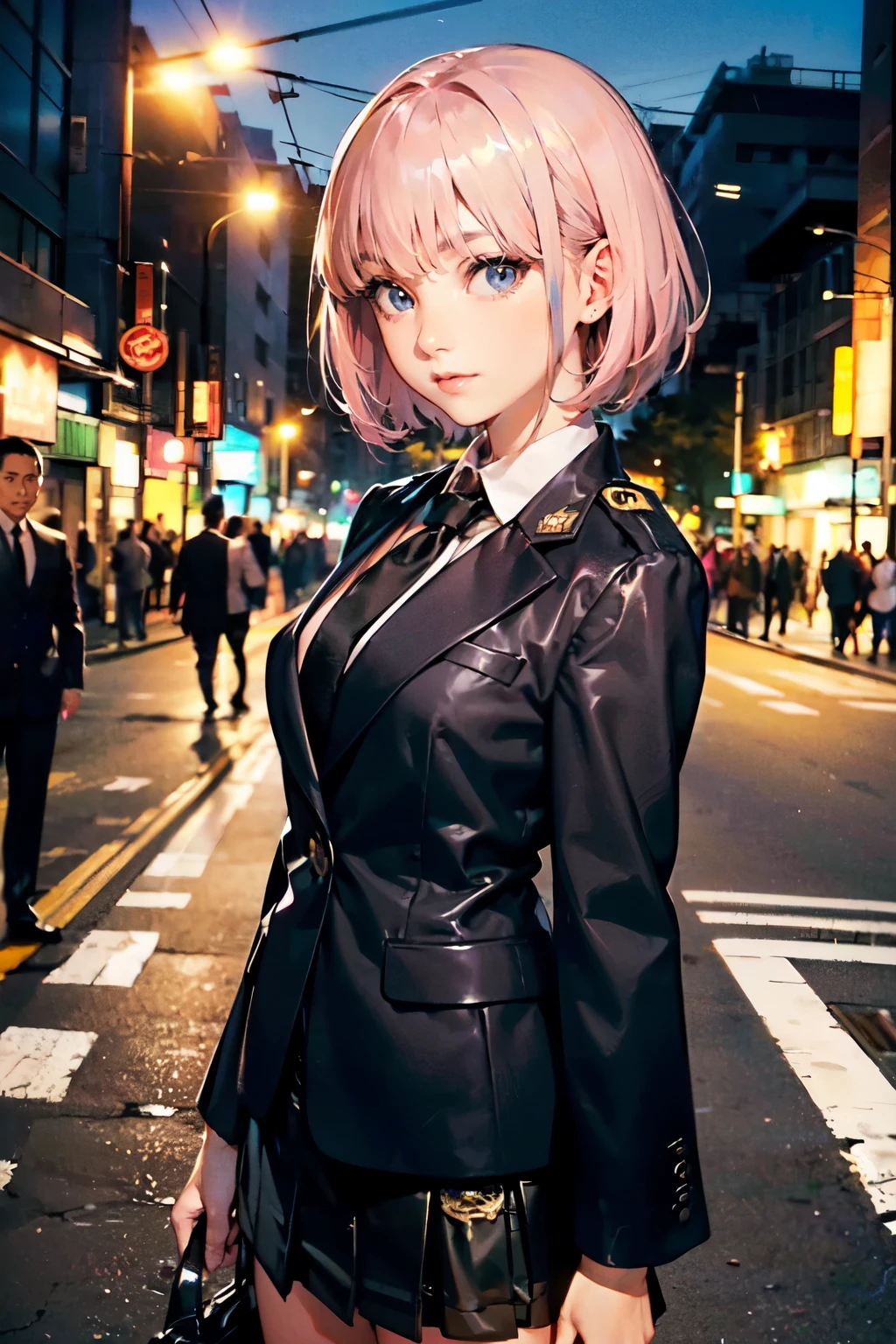 ((Perfect Anatomy:1.2,masterpiece、top-quality、The ultra -The high-definition、hight resolution、extremely details CG、8K)),cowboy shot,1woman,solo,20-year-old, Private server police officer、Japanese beauty,Beautiful detailed face and eyes,big gorgeous eyes,gray eyes,(pink hair,short bob hair,bangs), slender body, skinny、medium breasts, gleaming skin,oily skin, (black tight mini skirt:1.3,black blazer jacket、white shirt、black tie), standing,bustling street、Tokyo、
