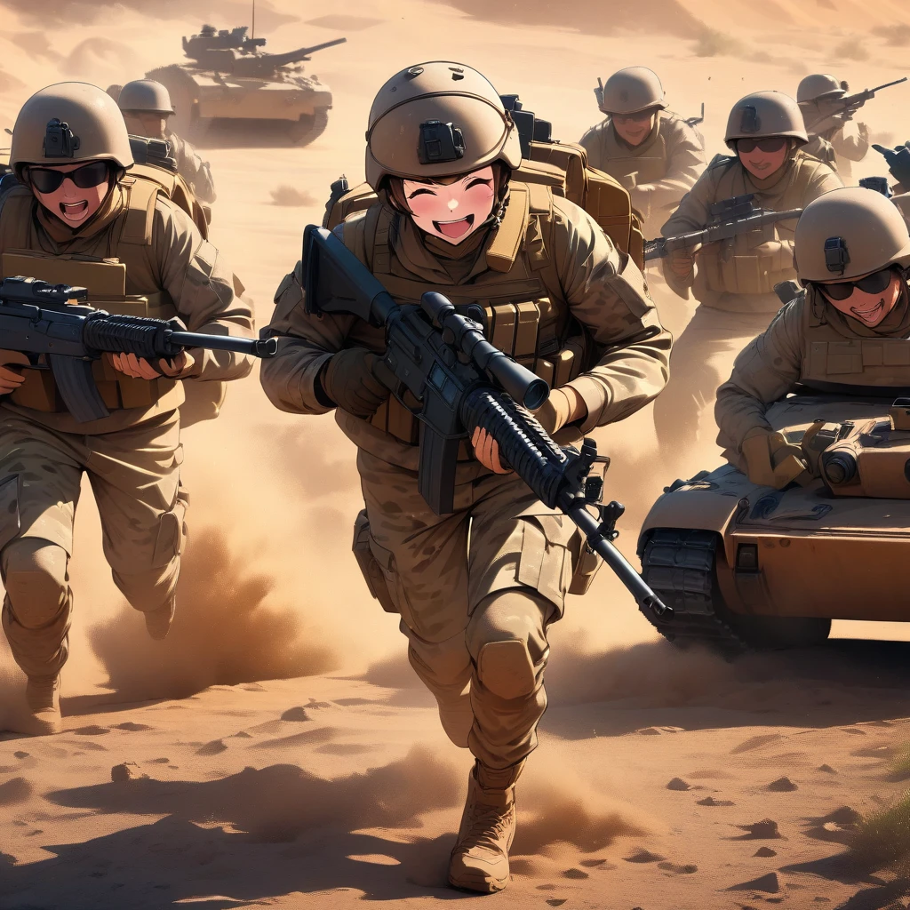 High quality, high definition images, full HD、8k.1 girl Short chestnut hair wearing US combat uniform Wear a helmet deeply, holding a rifle,m1The image of running with a tank.、desert camouflage,A big backpack on my back, bulletproof vest,Laughing at the tank,many soldiers,The whole body is covered with dust, it is dirty,colorful camouflage clothing, colorful soldiers