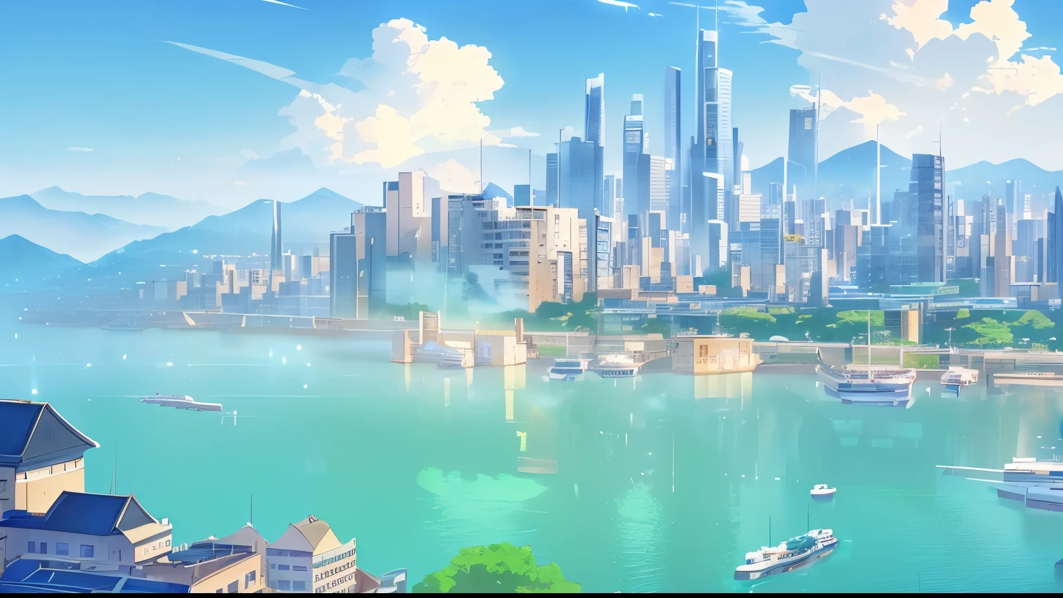 Shinkai Makoto，Second Dimension，There is a photo of the city，There are many buildings, beautiful cityscape, Detailed scenery —width 672, beautiful cityscape background, City background, HD anime city landscape, City background, Anime style cityscape, Daytime city view, background technology, 4k hd wallpaper illustration, City as background, Port scene background, beautiful city, background technologywork, Town Background