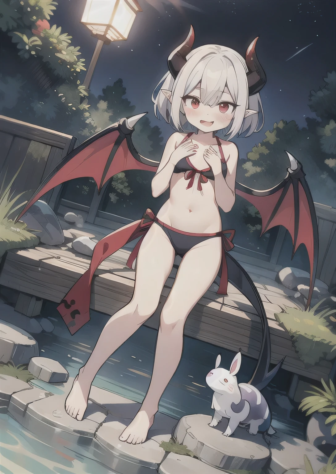 8K, femboy, petit, adult. kawaii vampire, crimson hair, short hair, red eyes, fang, bat wings, smile, (blush), (shy), pointed ears, looking at viewer, dynamic angle, wind, game cg, fantastic scenery, devil tail, demon tail, thin tail, black horns, medium breast, show full body, swimsuit, hot springs, yokai, yokai pet, monster