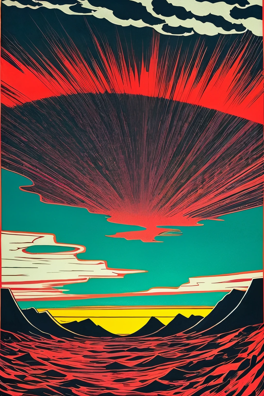 a poster of a red sky with clouds and a mountain in the background, a woodcut by Eric Dinyer, tumblr, nuclear art, charles burns, red clouds, red stormy sky, the artist is charles burns, ) ominous vibes, beautiful high contrast woodcut, brutal shapes stormy sky, victo ngai! muted colors, red skies