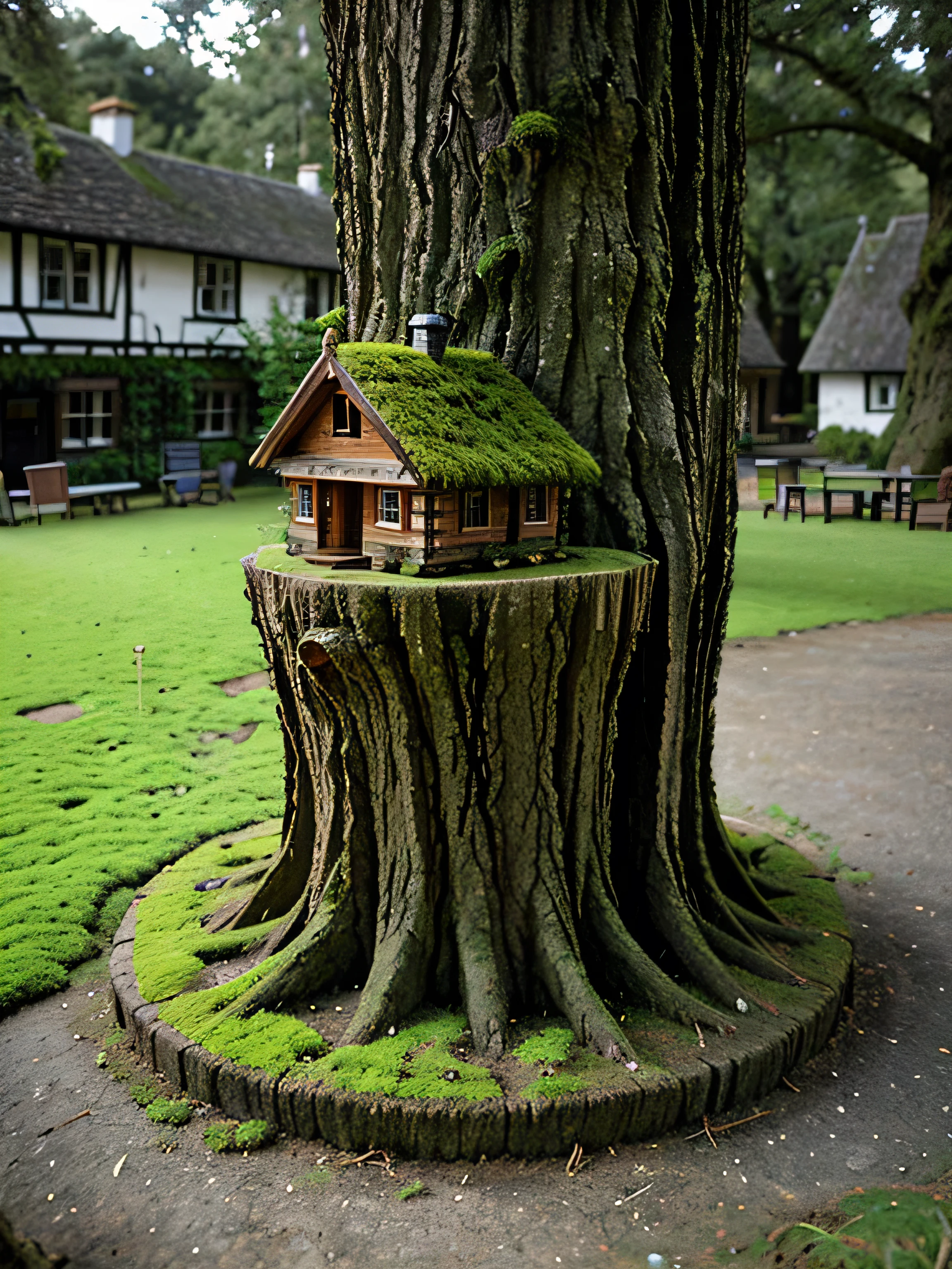 Majestic tree stamp on which is a tiny town with many moss houses