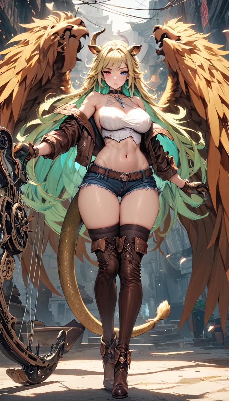 (masterpiece), (best quality:1.4), (perfect anatomy:1.4), high quality, expressive eyes, full body, tall girl, detailed face, beautiful face, perfect face, detailed ((blonde hair)), (green hair), {{pale skin}}, chimera, large breasts, thick thighs, very long hair, bare shoulders, denim, (short shorts), dynamic lighting, high resolution, 4k resolution, dynamic pose, silver jewelry, {fantasy background}, choker, animal ears, cat ears, ((lion ears)), {{snake head tail}}, snake tail, (tail), ((multicolored hair)), thigh-highs, horns, goat horns, dragon horns, curvy, ((monster girl)), heterochromia, red eyes, icy blue eyes, feathered wings, claws, thigh gap, white shirt, brown leather jacket, cowboy hat, midriff, oversized crossbow, crossbow,