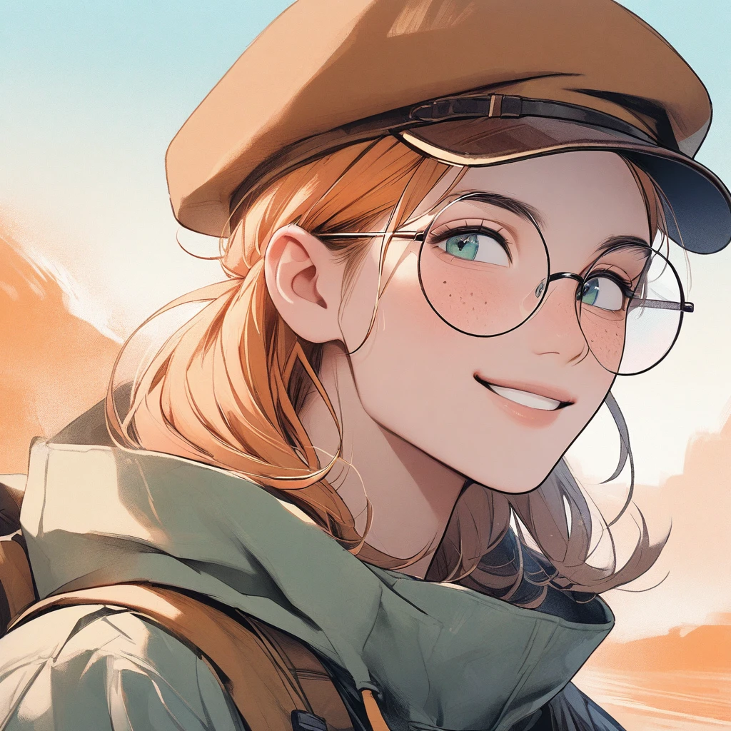 Man, pastel orange hair, pastel colors, face close up, adventure, explorer, brown beret, big round glasses, smiling, big freckles, boy, goodlooking 