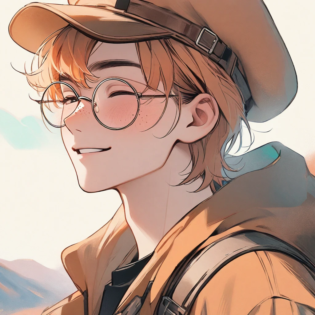 Man, pastel orange hair, pastel colors, face close up, adventure, explorer, brown beret, big round glasses, smiling, big freckles, boy, goodlooking 