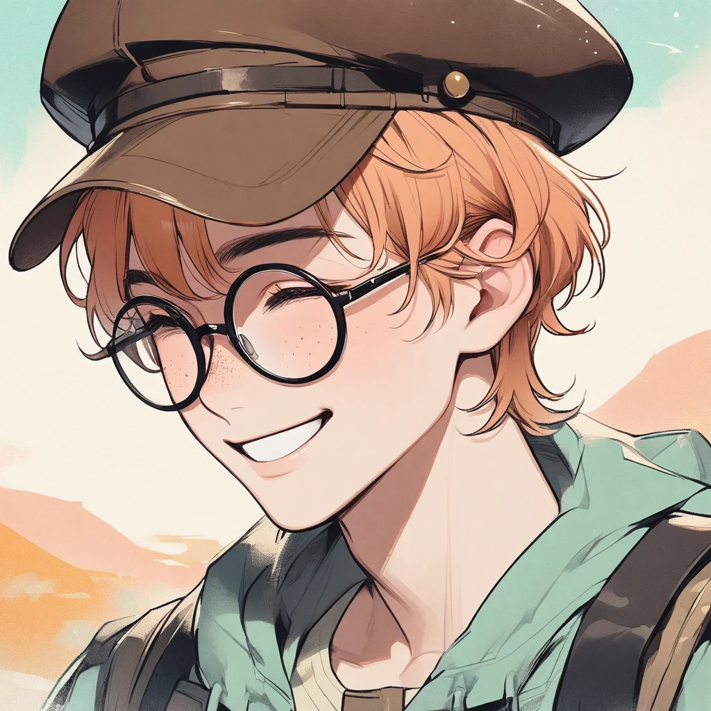 Man, pastel orange hair, pastel colors, face close up, adventure, explorer, brown beret, big round glasses, smiling, big freckles, boy, goodlooking 