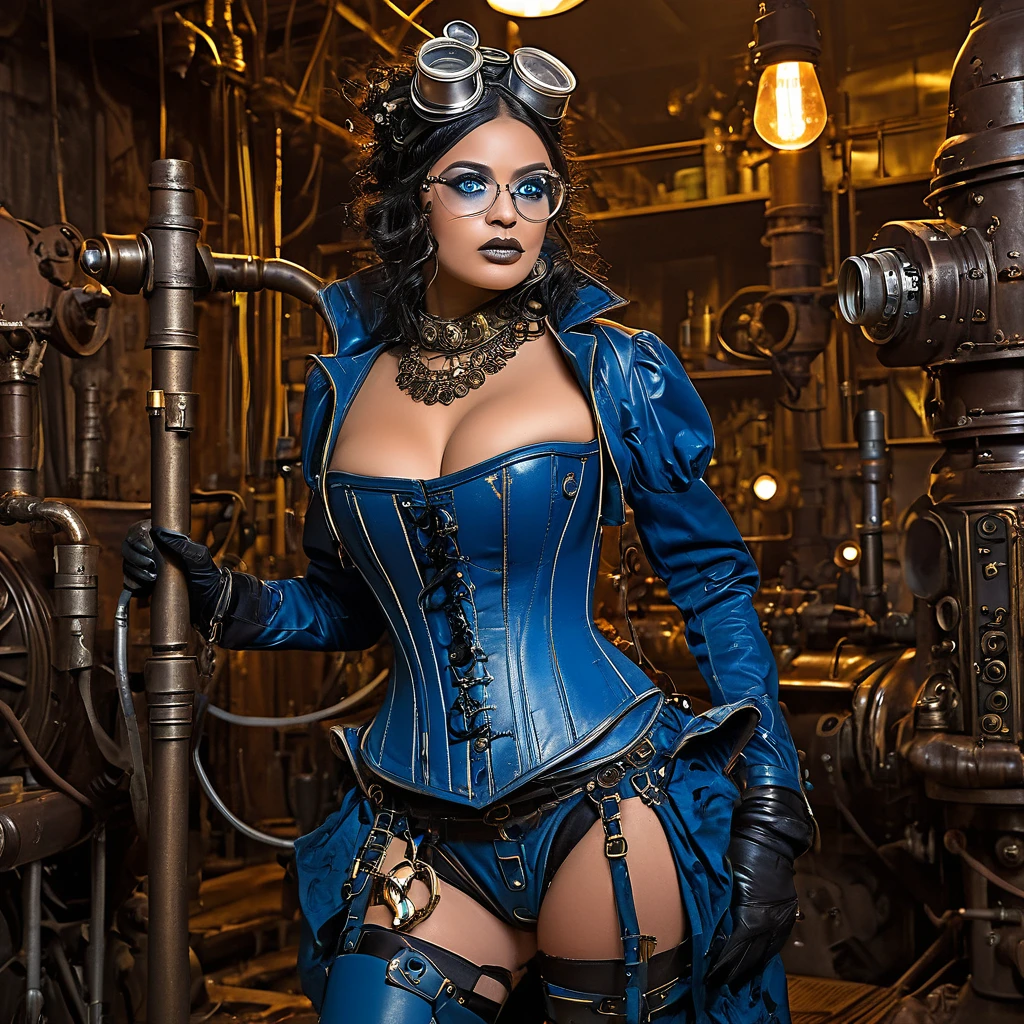 The queen of the mole people, a blue-skinned and gorgeous woman with mesmerizing doe eyes, has just driven her enormous and terrifying drilling machine into the lab, causing the floor to erupt. She is wearing a digger suit, which she now starts to take off. The steam punk-inspired scene is filled with intricate details, showcasing the blending of retro-futuristic elements and Victorian aesthetics.
The drilling machine, covered in gears and pipes, exudes an aura of power and mechanical complexity. It emits plumes of steam and releases bursts of sparks as it pierces through the ground, leaving a trail of destruction in its wake. The machine's exterior is encrusted with rivets and adorned with elaborate engravings, reflecting the artistry of its construction.
Surrounding the scene, the lab is a chaotic mess. Shattered glass and debris litter the floor, revealing hidden tunnels and secret passages leading to the mole people's underground kingdom. The walls are adorned with vintage scientific apparatus and steampunk-inspired machinery, with flickering gas lamps casting a dim but warm glow across the room.
As the queen emerges from the machine, her blue skin glows with an ethereal radiance. Her eyes, captivating and full of depth, seem to hold a sense of mystery. Her lush, curled lashes frame her eyes, accentuating their beauty. The queen's dark, flowing hair cascades down her back, partially covering her backless corset and intricate leather attire.
In the background, a group of mole people, with their pale and grubby skin, are gathered around in awe and reverence at their queen's entrance. They wear tattered clothing adorned with gears, goggles, and other steam punk accessories. Some wield primitive but intriguing underground weapons, ready to defend their queen and their homeland.
The color palette of the scene reflects the steampunk aesthetic - a combination of warm earthy tones, brass tones, and deep blues. The lighting, characterized by the flickering gas lamps