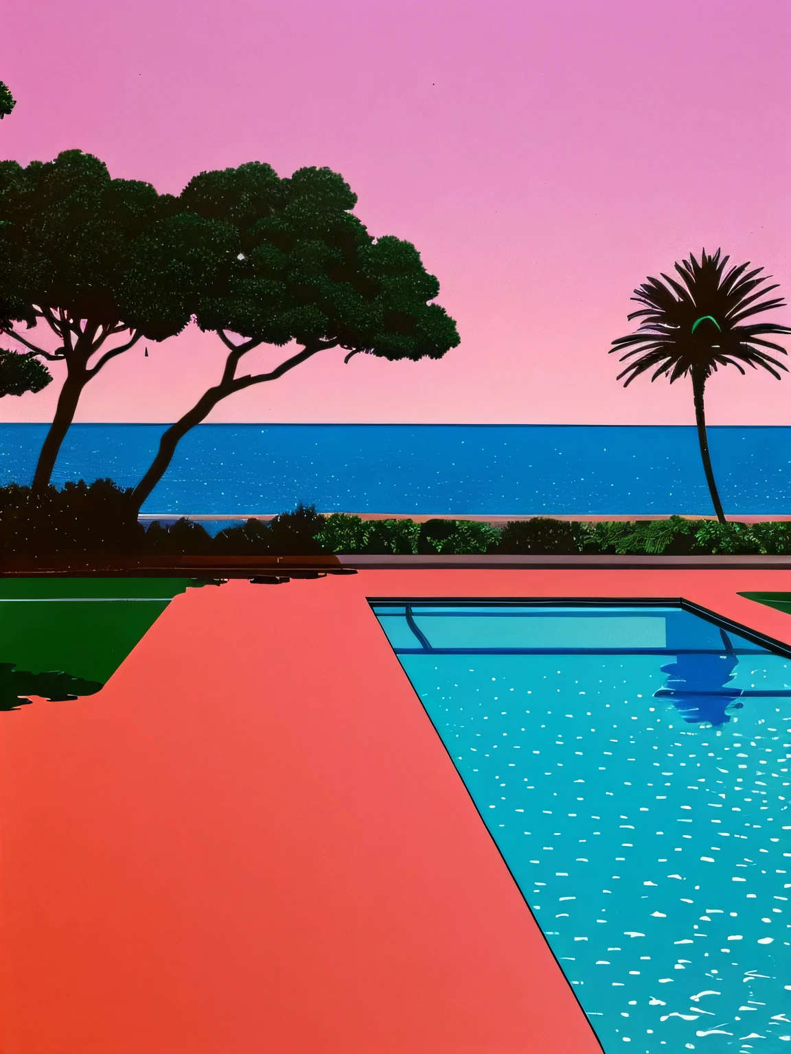 Create an artwork deeply immersed in the vaporwave aesthetic of the 80s, heavily influenced by Yoko Honda's vivid artistic style, adopting a minimalist approach. Picture a retro-futuristic beach and pool scene captured at sunset, illustrated in a 2D, flat perspective without any vanishing points. The sky above blazes with intense hues of orange, pink, and red—vibrant colors that reflect off the calm waters of the sea and pool, producing a visually captivating effect. Around the pool, include neon-lit palm and coconut trees, rendered in a stylized, simple form to enhance the tropical and otherworldly ambiance with sparse but striking placements. Decorate the pool area with whimsical 80s-themed floaties, such as neon flamingos and unicorns, adding a playful and nostalgic touch. Additionally, integrate geometric neon lights that cast a surreal glow across the scene, providing minimal yet effective illumination. The setting features a stylish, minimalist beachside bar visible behind large, flat glass windows. Inside, the bar should display pastel-colored walls and floors adorned with luxurious terrazzo and marble textures, achieved using Yoko Honda’s signature textured brushes to create a tactile and visually rich surface. Place chic 80s-style drinks and cocktails along the poolside to emphasize the leisure lifestyle of the decade. This scene merges retro luxury with vibrant, warm color palettes in a minimalist, flat 2D composition, crafting a scene that is not only timeless but also distinctively reminiscent of the 80s and true to Yoko Honda's style.