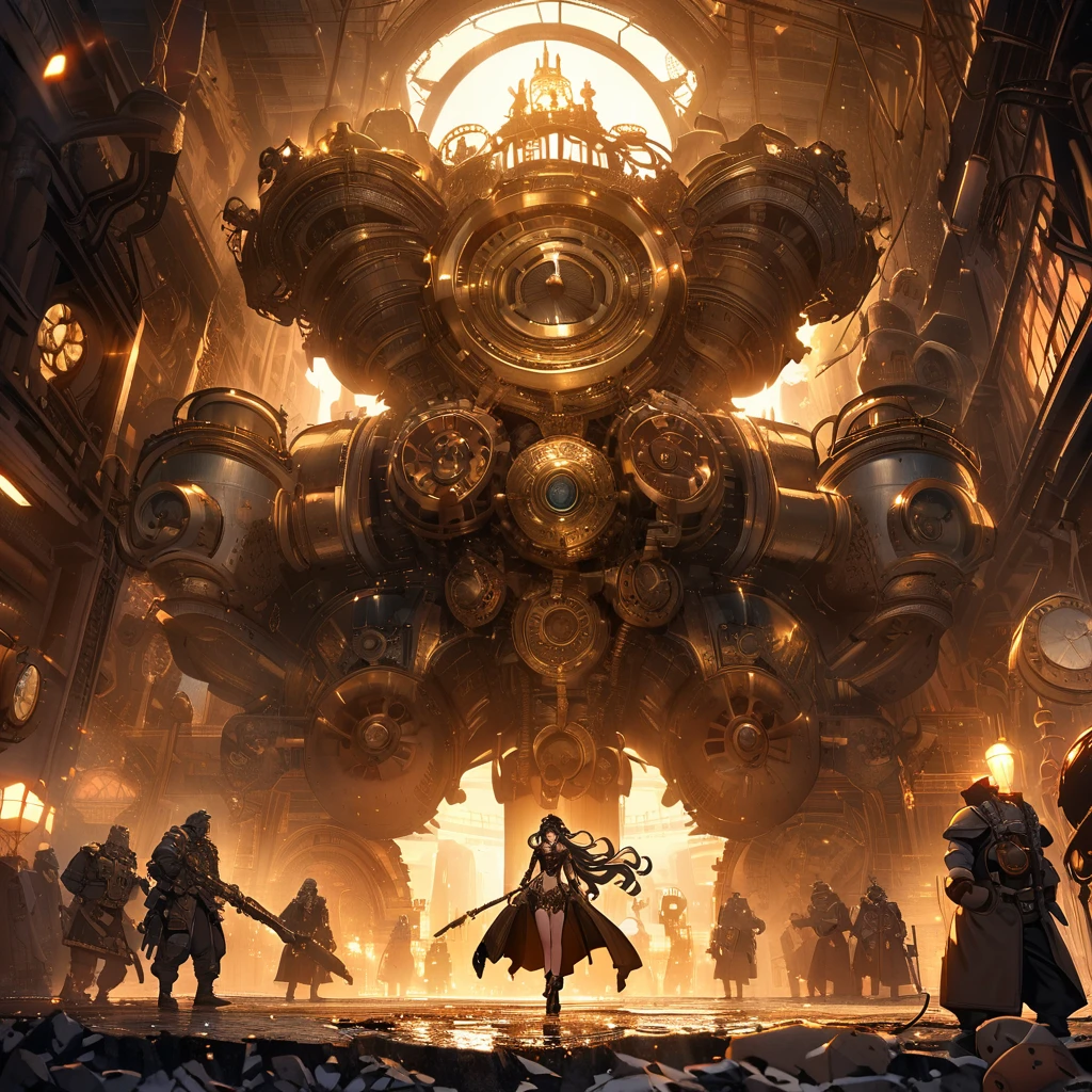 The queen of the mole people, a blue-skinned and gorgeous woman with mesmerizing doe eyes, has just driven her enormous and terrifying drilling machine into the lab, causing the floor to erupt. She is wearing a digger suit, which she now starts to take off. The steam punk-inspired scene is filled with intricate details, showcasing the blending of retro-futuristic elements and Victorian aesthetics. The drilling machine, covered in gears and pipes, exudes an aura of power and mechanical complexity. It emits plumes of steam and releases bursts of sparks as it pierces through the ground, leaving a trail of destruction in its wake. The machine's exterior is encrusted with rivets and adorned with elaborate engravings, reflecting the artistry of its construction. Surrounding the scene, the lab is a chaotic mess. Shattered glass and debris litter the floor, revealing hidden tunnels and secret passages leading to the mole people's underground kingdom. The walls are adorned with vintage scientific apparatus and steampunk-inspired machinery, with flickering gas lamps casting a dim but warm glow across the room. As the queen emerges from the machine, her blue skin glows with an ethereal radiance. Her eyes, captivating and full of depth, seem to hold a sense of mystery. Her lush, curled lashes frame her eyes, accentuating their beauty. The queen's dark, flowing hair cascades down her back, partially covering her backless corset and intricate leather attire. In the background, a group of mole people, with their pale and grubby skin, are gathered around in awe and reverence at their queen's entrance. They wear tattered clothing adorned with gears, goggles, and other steam punk accessories. Some wield primitive but intriguing underground weapons, ready to defend their queen and their homeland. The color palette of the scene reflects the steampunk aesthetic - a combination of warm earthy tones, brass tones, and deep blues. The lighting, characterized by the flickering gas lamps