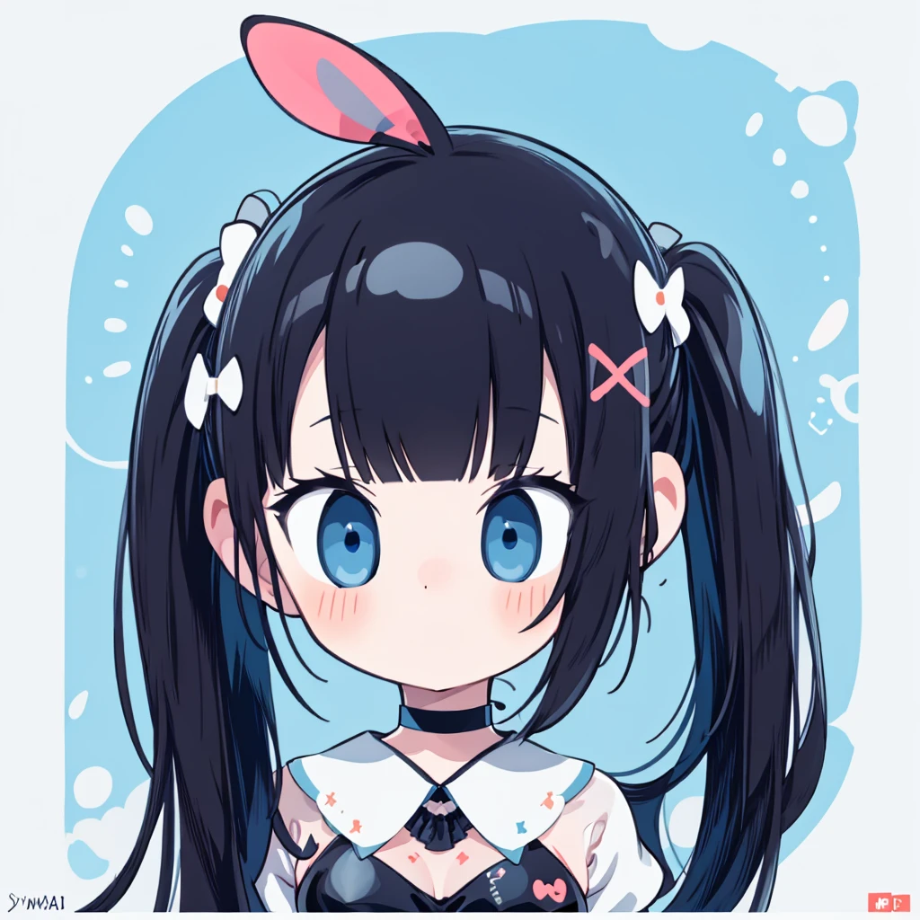 masterpiece, best quality, absurdres, illustration, black,Cyber Punk,
1 girl, playboy bunny, anime character, kawaii, cute, fuwafuwa,black hair,twin tail hair, blunt bangs,blue eyes, choker,
postcard,
