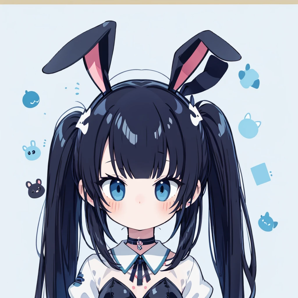 masterpiece, best quality, absurdres, illustration, black,Cyber Punk,
1 girl, playboy bunny, anime character, kawaii, cute, fuwafuwa,black hair,twin tail hair, blunt bangs,blue eyes, choker,
postcard,