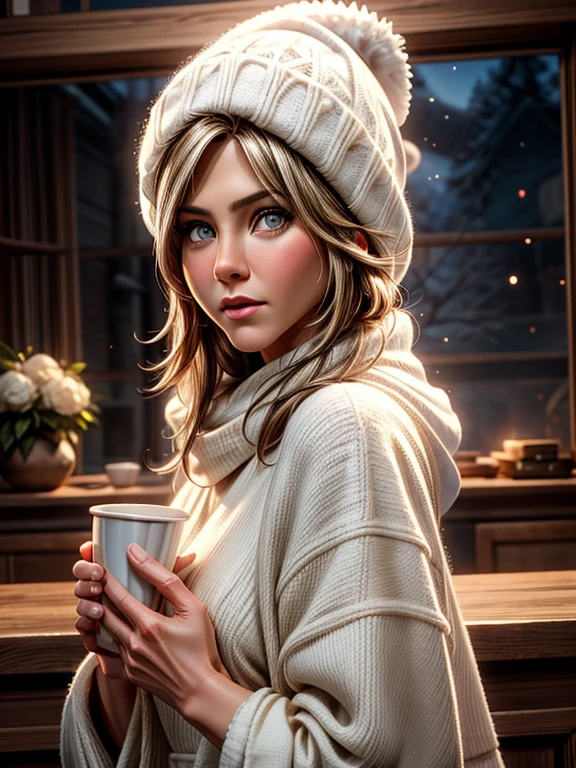 {Jennifer Aniston, linda, neve, frio, cachecol, gorro, toca, big white cup.