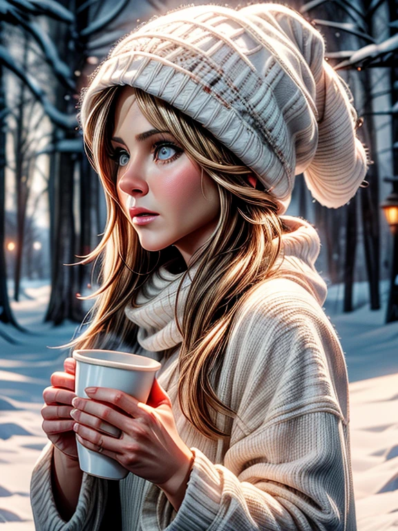 {Jennifer Aniston, linda, neve, frio, cachecol, gorro, toca, big white cup.