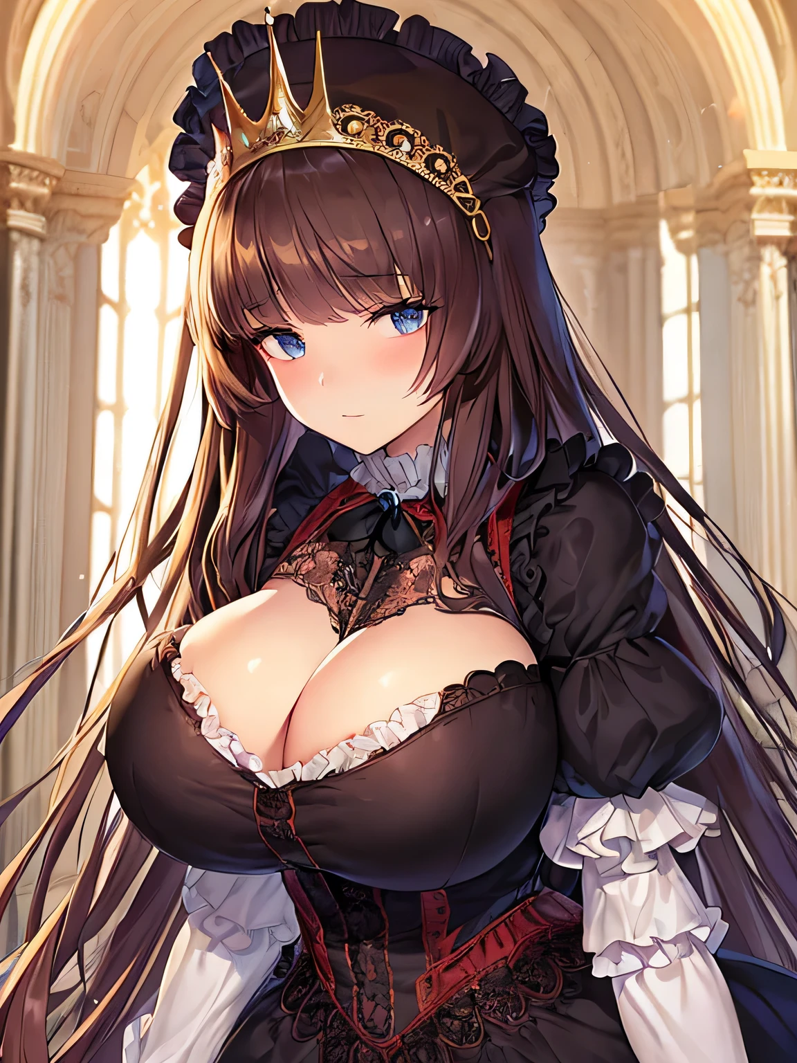 ((Anime art style)),(masterpiece),(highest quality), (Super detailed),((Very delicate and beautiful)),((alone)),((whole body)),((1 princess in a gorgeous Victorian dress)),Lots of frills,Detailed face and eyes,Jewel-like eyes,((voluminous and very long straight hair)),((Gorgeous embroidery and lace)),Gorgeous corsage,See through,Gorgeous hair accessories,Gorgeous sparkly jeweled tiara,Gorgeous frills,((Huge breasts,Long chest)),Skin dents,((whole body)),((Skirt of Hope,crinoline)),Standing pose,Dynamic Angle,View Viewer,Royal Victoria Palace,(((Gorgeous Victorian dress with gorgeous embroidery)),whole body