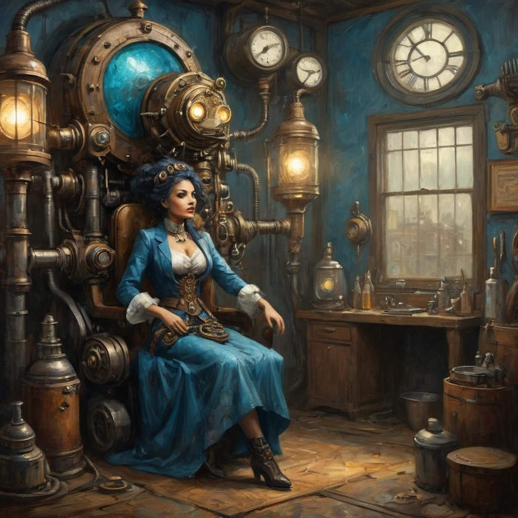 The queen of the mole people, a blue-skinned and gorgeous woman with mesmerizing doe eyes, has just driven her enormous and terrifying drilling machine into the lab, causing the floor to erupt. She is wearing a digger suit, which she now starts to take off. The steam punk-inspired scene is filled with intricate details, showcasing the blending of retro-futuristic elements and Victorian aesthetics. The drilling machine, covered in gears and pipes, exudes an aura of power and mechanical complexity. It emits plumes of steam and releases bursts of sparks as it pierces through the ground, leaving a trail of destruction in its wake. The machine's exterior is encrusted with rivets and adorned with elaborate engravings, reflecting the artistry of its construction. Surrounding the scene, the lab is a chaotic mess. Shattered glass and debris litter the floor, revealing hidden tunnels and secret passages leading to the mole people's underground kingdom. The walls are adorned with vintage scientific apparatus and steampunk-inspired machinery, with flickering gas lamps casting a dim but warm glow across the room. As the queen emerges from the machine, her blue skin glows with an ethereal radiance. Her eyes, captivating and full of depth, seem to hold a sense of mystery. Her lush, curled lashes frame her eyes, accentuating their beauty. The queen's dark, flowing hair cascades down her back, partially covering her backless corset and intricate leather attire. In the background, a group of mole people, with their pale and grubby skin, are gathered around in awe and reverence at their queen's entrance. They wear tattered clothing adorned with gears, goggles, and other steam punk accessories. Some wield primitive but intriguing underground weapons, ready to defend their queen and their homeland. The color palette of the scene reflects the steampunk aesthetic - a combination of warm earthy tones, brass tones, and deep blues. The lighting, characterized by the flickering gas lamps