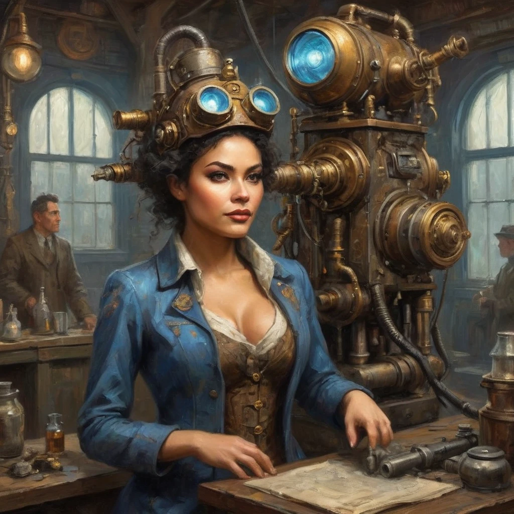 The queen of the mole people, a blue-skinned and gorgeous woman with mesmerizing doe eyes, has just driven her enormous and terrifying drilling machine into the lab, causing the floor to erupt. She is wearing a digger suit, which she now starts to take off. The steam punk-inspired scene is filled with intricate details, showcasing the blending of retro-futuristic elements and Victorian aesthetics. The drilling machine, covered in gears and pipes, exudes an aura of power and mechanical complexity. It emits plumes of steam and releases bursts of sparks as it pierces through the ground, leaving a trail of destruction in its wake. The machine's exterior is encrusted with rivets and adorned with elaborate engravings, reflecting the artistry of its construction. Surrounding the scene, the lab is a chaotic mess. Shattered glass and debris litter the floor, revealing hidden tunnels and secret passages leading to the mole people's underground kingdom. The walls are adorned with vintage scientific apparatus and steampunk-inspired machinery, with flickering gas lamps casting a dim but warm glow across the room. As the queen emerges from the machine, her blue skin glows with an ethereal radiance. Her eyes, captivating and full of depth, seem to hold a sense of mystery. Her lush, curled lashes frame her eyes, accentuating their beauty. The queen's dark, flowing hair cascades down her back, partially covering her backless corset and intricate leather attire. In the background, a group of mole people, with their pale and grubby skin, are gathered around in awe and reverence at their queen's entrance. They wear tattered clothing adorned with gears, goggles, and other steam punk accessories. Some wield primitive but intriguing underground weapons, ready to defend their queen and their homeland. The color palette of the scene reflects the steampunk aesthetic - a combination of warm earthy tones, brass tones, and deep blues. The lighting, characterized by the flickering gas lamps
