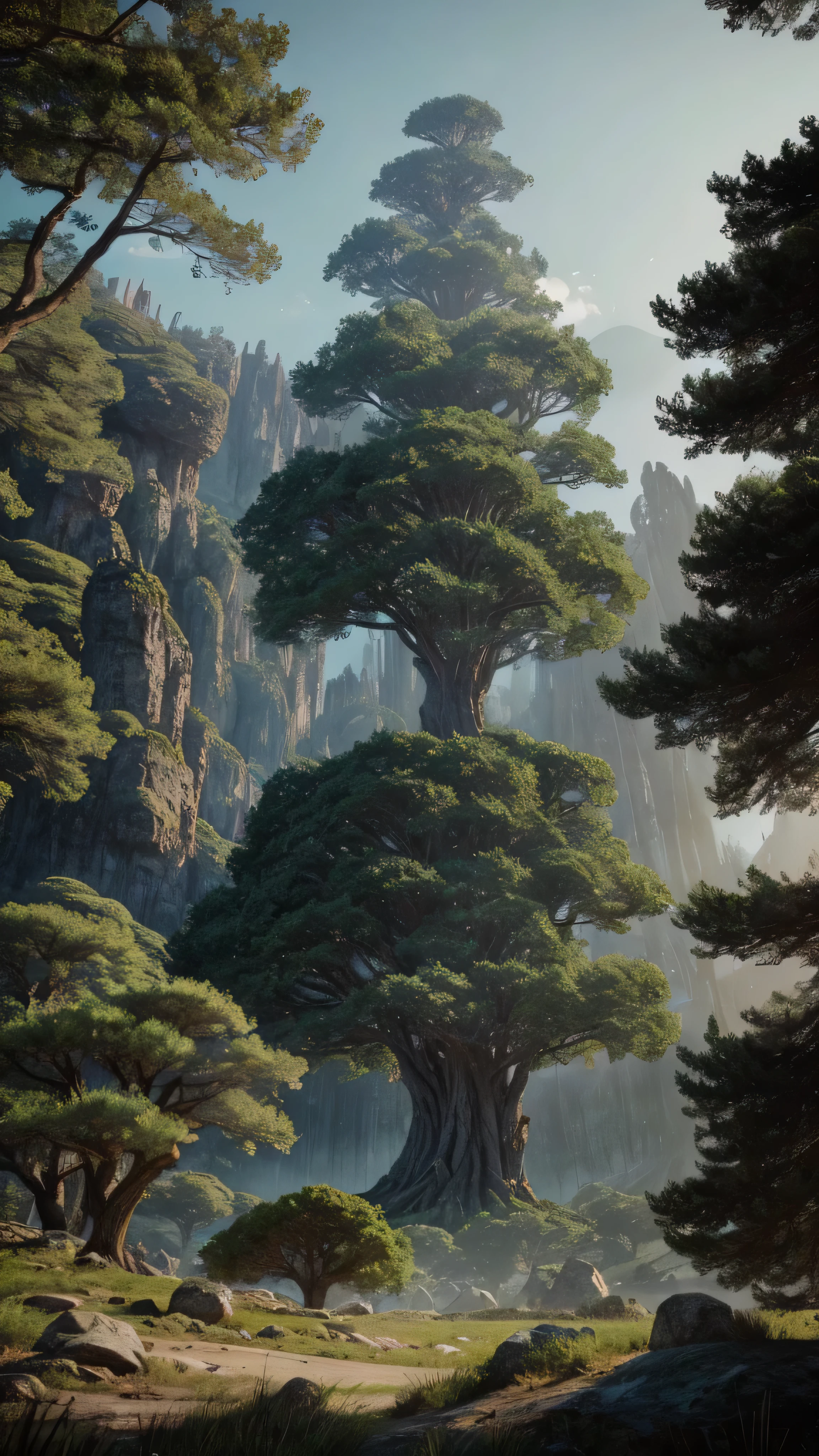 Zebaoth, an awe-inspiring epic fantasy tree of colossal stature, towers amidst the majestic panorama of ancient mountains. The cinematic lens captures the grandeur of the scene in a wide-angle view, offering a realistic and detailed portrayal of the tree's intricate bark and the diverse hues of its sprawling foliage. With a resolution of 8k, this breathtaking artwork is currently trending on ArtStation, showcasing the smooth, fluid movements of the 3D animation, framed in an aspect ratio of 2:1. The fine details of the tree's skin-like texture and the rough, rug