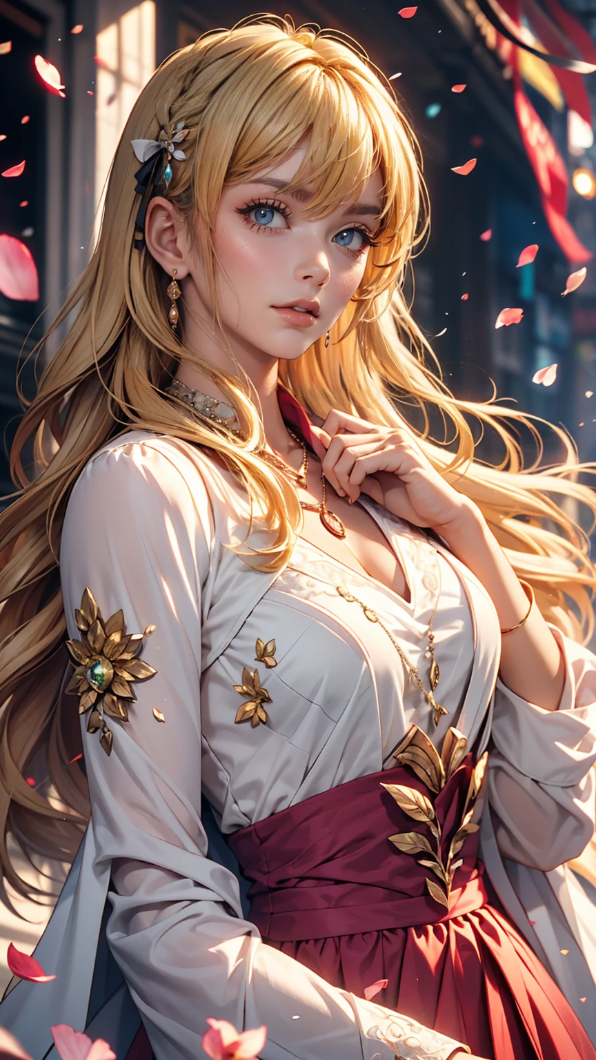 (Dynamic Angle:1.3),Extreme close up,the wind is strong,映画ofハイライト,1人of女of子,Upper Body,dancing,View Viewer, violet_Evergarden, alone, jewelry, blank eye,brooch, blonde_hair,( vevry long hair:1.2),floating hairlong_sleeve, ribbon, green_eye, Jacket, dress, gem, hair_ribbon,null, depth_of_Field, a close view of flying petal,