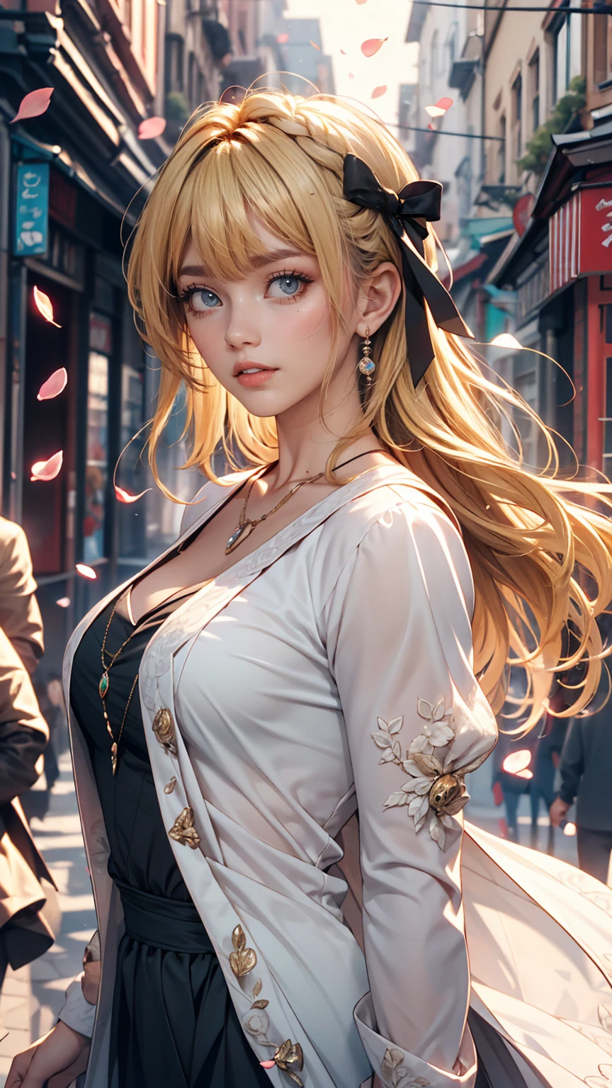 (Dynamic Angle:1.3),Extreme close up,the wind is strong,映画ofハイライト,1人of女of子,Upper Body,dancing,View Viewer, violet_Evergarden, alone, jewelry, blank eye,brooch, blonde_hair,( vevry long hair:1.2),floating hairlong_sleeve, ribbon, green_eye, Jacket, dress, gem, hair_ribbon,null, depth_of_Field, a close view of flying petal,