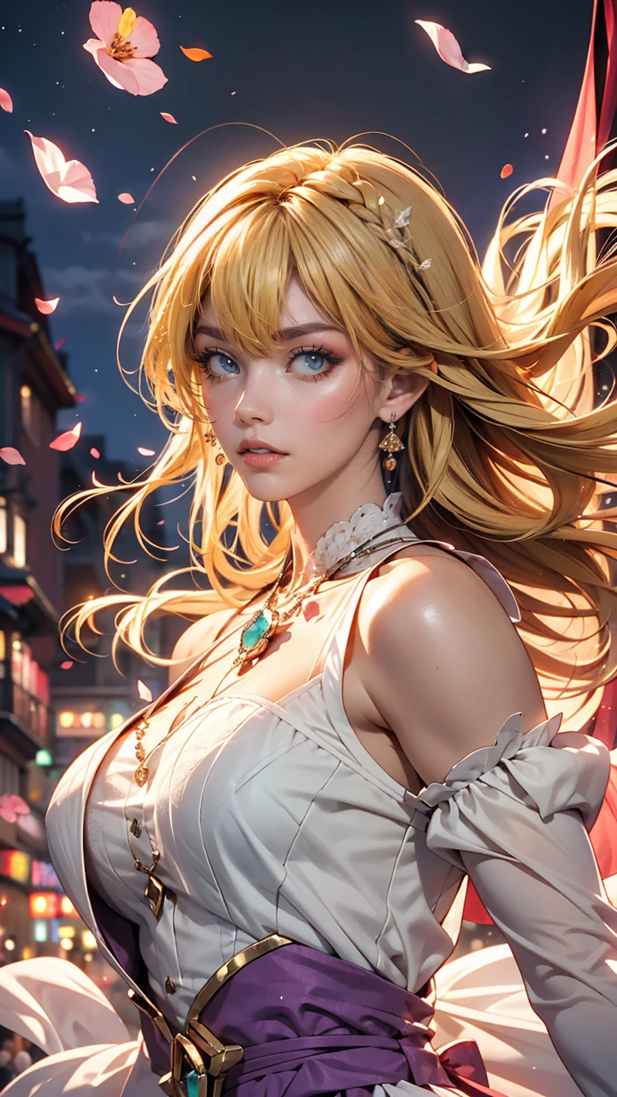 (Dynamic Angle:1.3),Extreme close up,the wind is strong,映画ofハイライト,1人of女of子,Upper Body,dancing,View Viewer, violet_Evergarden, alone, jewelry, blank eye,brooch, blonde_hair,( vevry long hair:1.2),floating hairlong_sleeve, ribbon, green_eye, Jacket, dress, gem, hair_ribbon,null, depth_of_Field, a close view of flying petal,