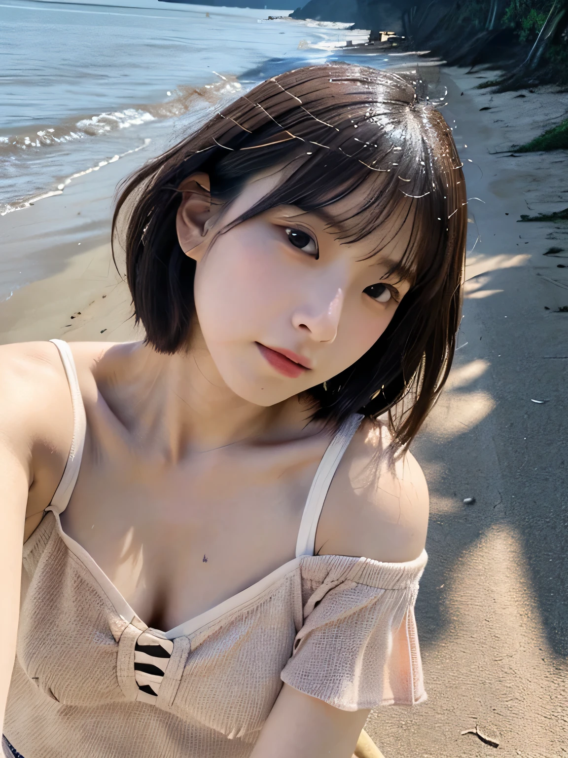 highest quality,RAW Photos , 19 year old Japanese female idol, From above , Face Focus , Face close-up ,
Selfie,Lying on the ground, ((Off-the-shoulder tops , Cold shoulder top , clavicle , Exposing shoulders , ,))short hair, Bowl Cut ,Cute Face ,Edgy,Drooping ,clavicle,Muddy Waters , Overflowing ,Wet ,Selfie, Pale skin,At the Beach, rain,night,