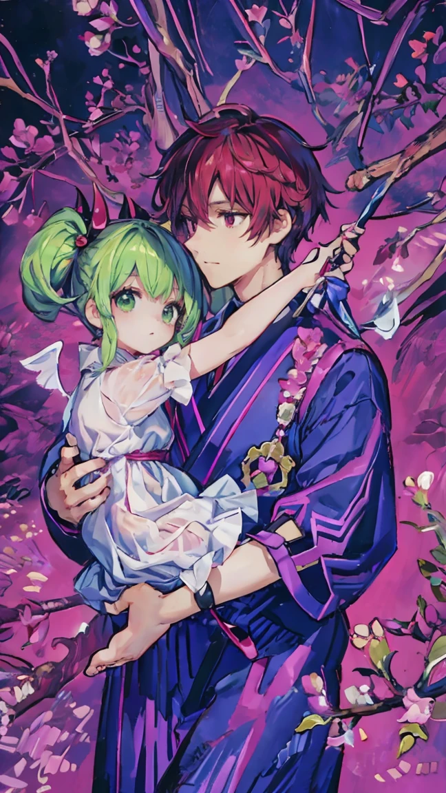Japanese anime style.
Hong Kong at night, Dancing Cherry Blossom Park.
A cute magical girl and a cool male demon king are enjoying the Parapara dance...
[Cute Magical Girl Special]
Long light green twin tails.
Beautiful hair accessories, but、Ugly but cute mascot characters also appear.
She has a shiny magic wand with a big jewel on it.
[Characteristics of a male demon king]
He is handsome, Mature men in their 30s.
The head has horns、Her hair is very long、It is reddish purple。.
He is wearing a cool long coat, It comes with something like a mascot character....
Large bat-like wings growing from its back..
Next to him is a small, Cute dragon-like monster..