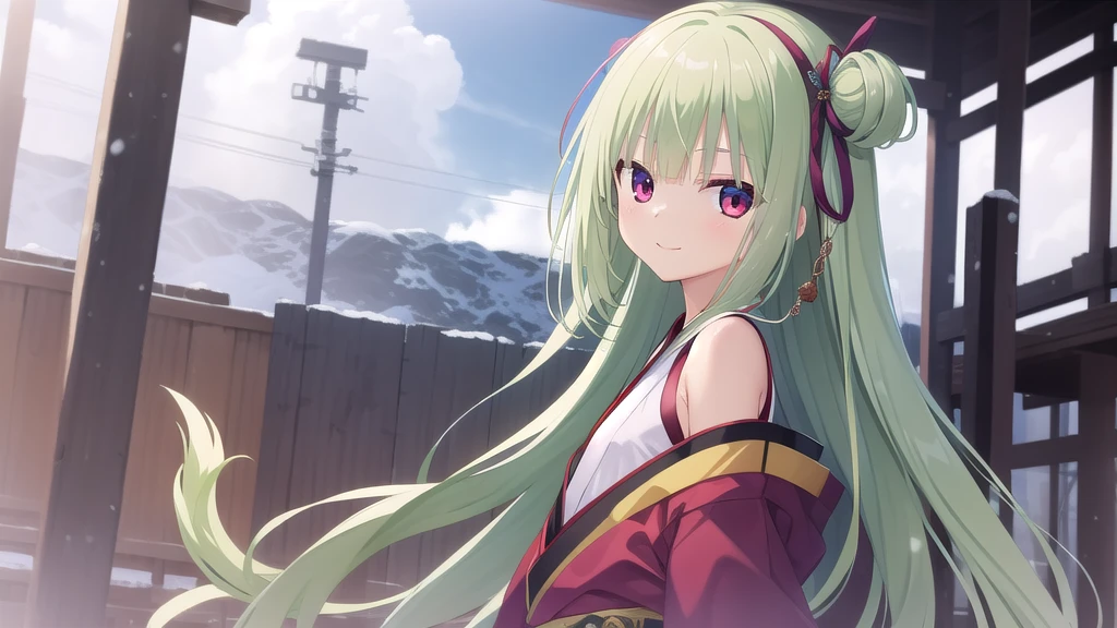 ((masterpiece)),(best quality),Official Art,Extremely detailed CG,Unity 8k Wallpaper,Super detailed,Beautiful and delicate eyes,Extremely detailed face,1 girl,solitary,,(whole body:1.5),(small:1.3),Smile,,Murasame,Very long hair,Green Hair,sides up,Purple bow,hairpin,Side Chain,Bangs,Red Eyes,Neck strap,Red belt,Aesthetic，Cloud sleeve hanfu，Heart as pure as ice and snow，As light as a blue cloud。If there is no ten thousand years，To be a worldly person。