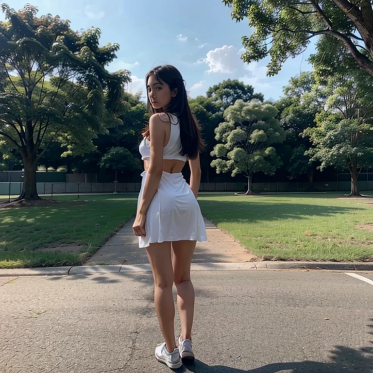 This is a full body photo of a single person,Taiwanese beauty walks on the playground on the high school campus,Wearing a sexy dress。Revealing slim waist, long legs and body curves。