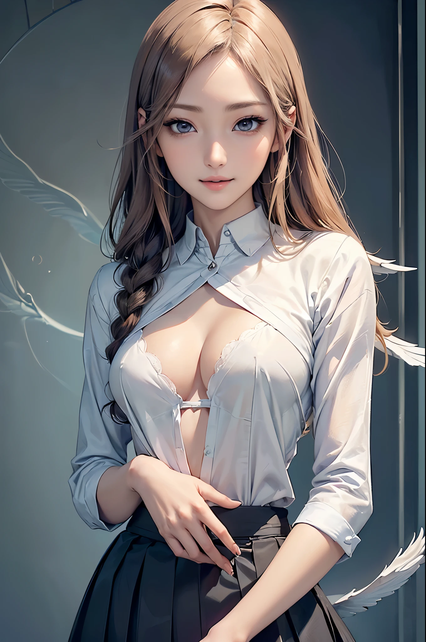 ((Biologically correct limb count))、(( Illustrations including faces))、4K、Masterpiece、((Focus on the face))、((Symmetrical, well-proportioned facial features))、Eyes with delicate depictions、Beautiful woman、Outstanding style、Slender Body、(shirt、High heels、((skirt)))、(Looking up、smile)、((Upper body close-up))、