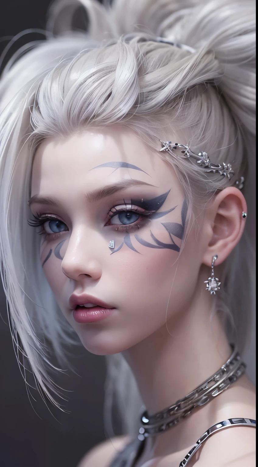The prompts for the first theme are as follows:
"(Best Quality, 8K, 32K, masutepiece:1.3), Ultra-detailed, (Photorealistic:1.4), white colors, albino, Punk Girl, Detailed eyes, Upper body, Luxurious punk hair, Edgy punk fashion, Avant-garde makeup, Numerous piercings, Heavily tattooed body, Street background, Backlight effect, Shallow depth of field, Blurry background", nude