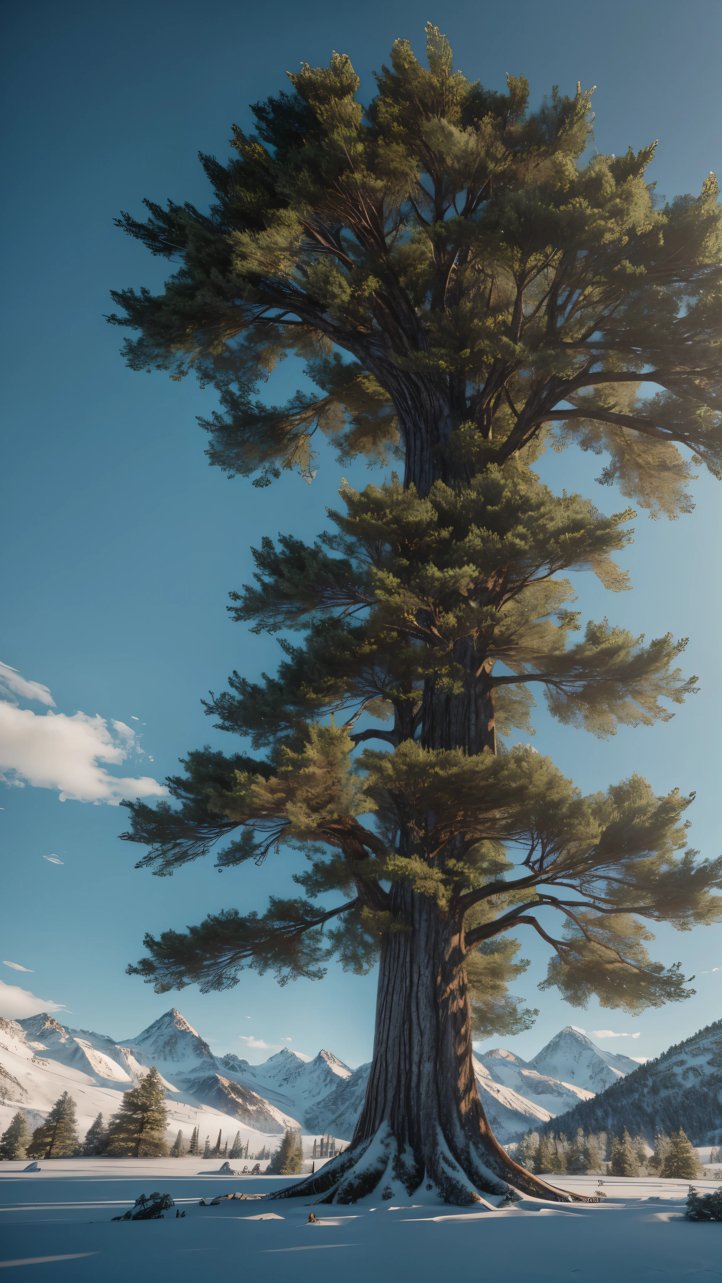 A colossal, epic fantasy tree named Zebaoth, standing tall amidst towering, snow-capped mountains in a wide-angle, cinematic lens view. The tree's intricate bark and detailed leaves are rendered in lifelike realism, showcasing smooth, 8k resolution and trending on ArtStation. With its huge trunk and sprawling branches, the tree's skin is meticulously textured, boasting a level of detailed realism that brings this 3D animation to life in a stunning and immersive manner. Presented in a 2:1 aspect ratio, the animation offers a vivid and captivating experience that will take your breath away. Resolution