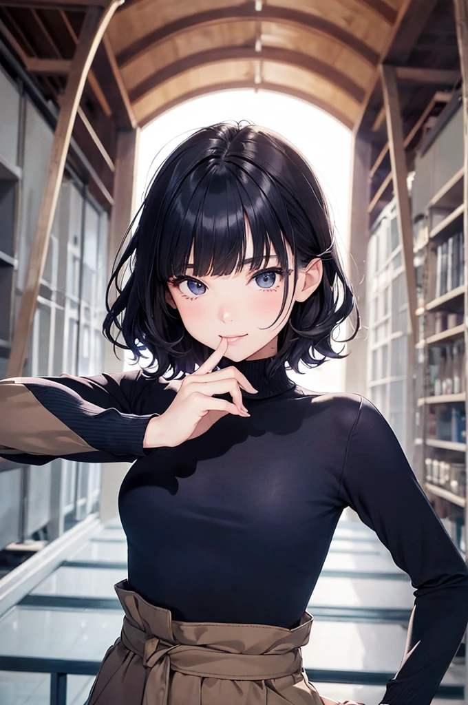 (masterpiece, best quality:1.1),popart style,flat color,({Mia},1girl,japanese,,beautiful detailed face,(navy hair-color),((wavy-short hair)),parallel eyebrows,navy eyes with large brown irises,blunt bangs,small nose, fresh lips,small breasts,(5feet tall)), enjoy trip,(Burgundy Vineyards),France, beautiful detailed scenery,very happy,smile,BREAK Cropped cashmere turtleneck,twill trousers,dynamic angle,photographic portrait, sharp,