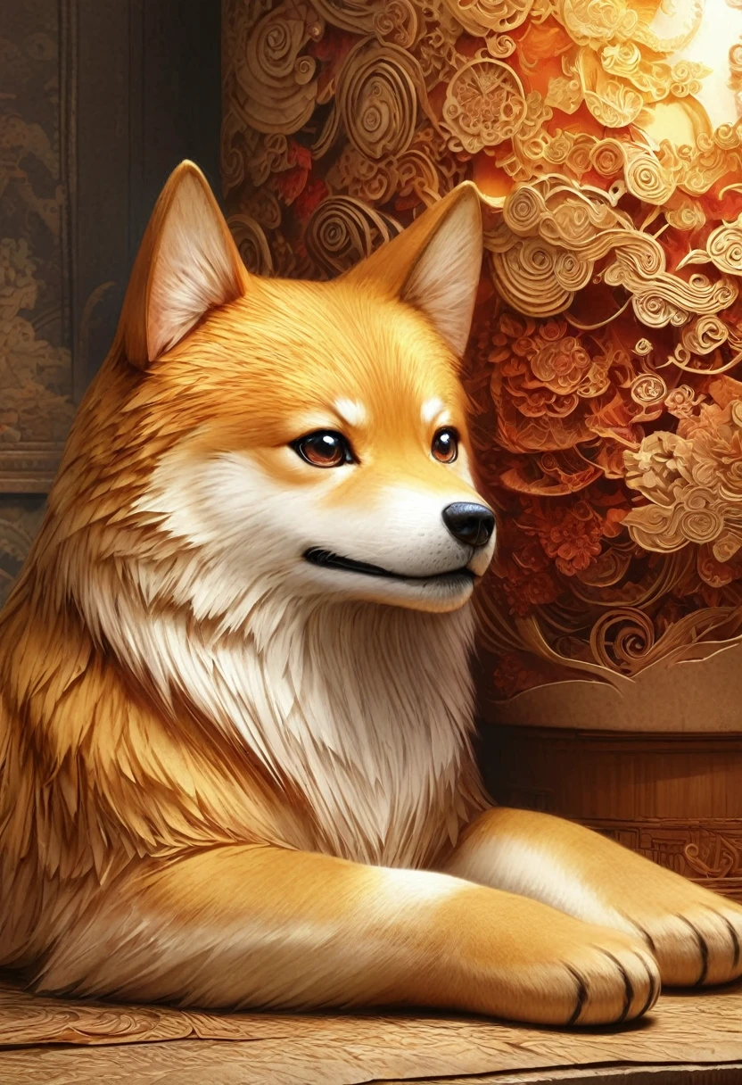 An intricate paper carving of a Shiba Inu, (highest quality,High resolution), Super detailed, Realistic:1.37, Traditional medium, Delicate paper texture, Exact details, close, Craftsmanship, Vibrant colors, Studio Lighting, Warm and cozy atmosphere,fractal