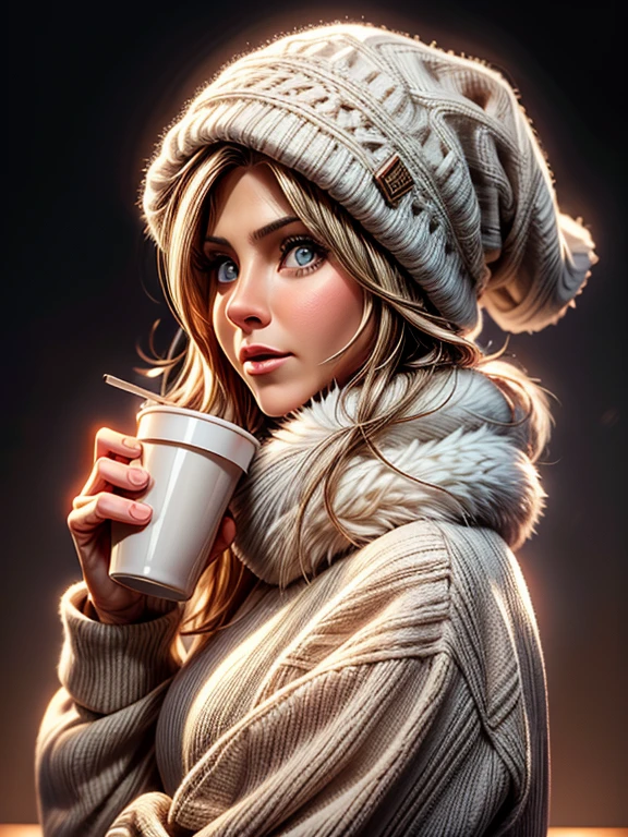 {Jennifer Aniston, linda, neve, frio, cachecol, gorro, Large cup.
