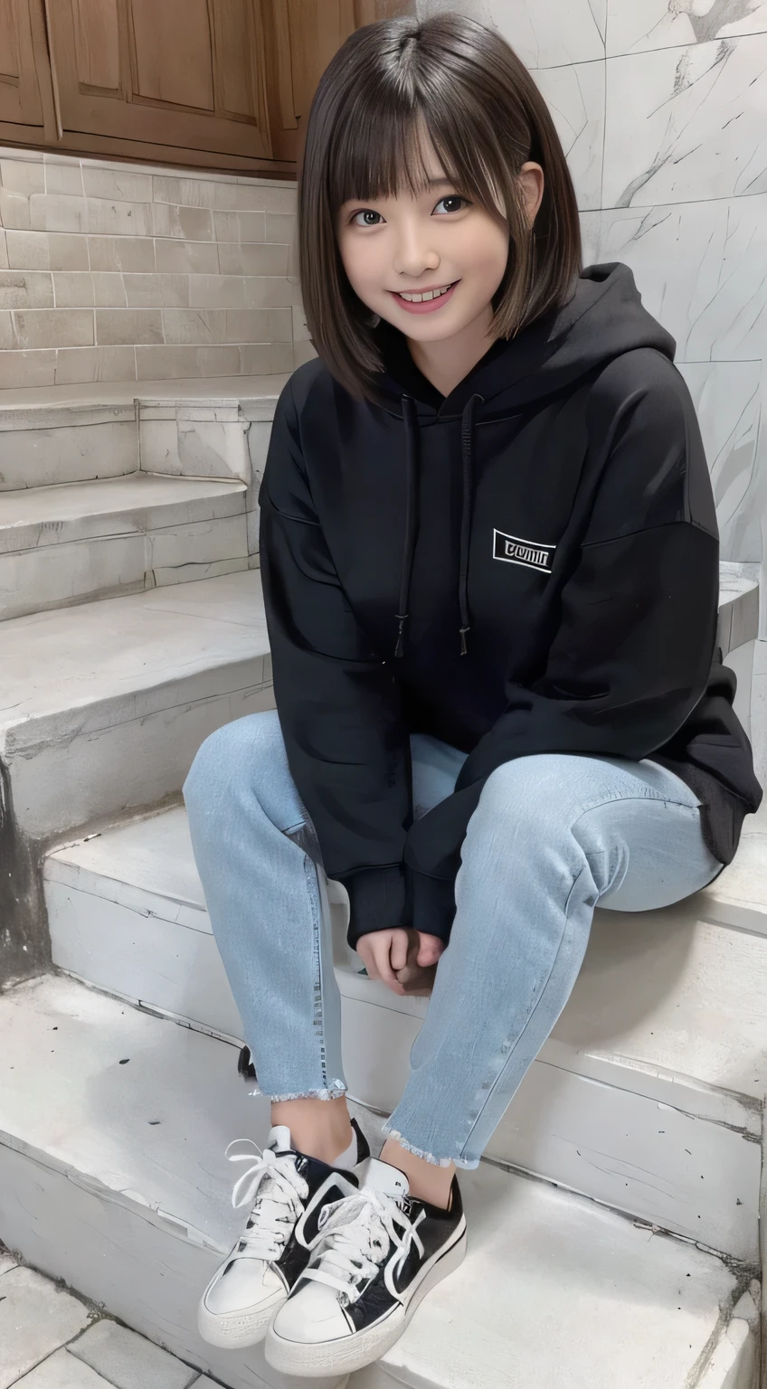 highest quality, Realistic, Very detailed, Finer details, High resolution, 8k wallpaper, One beautiful woman,Sit on the stairs、(Wear black socks)smile、(Beautiful teeth alignment、)(Gums are visible) Oversized hoodie, Skinny jeans,( Black sneakers)、Black Hair、 Beautiful Bangs、ear piercing、Perfect dynamic composition, Beautiful and detailed, Full Body Shot, A big smile