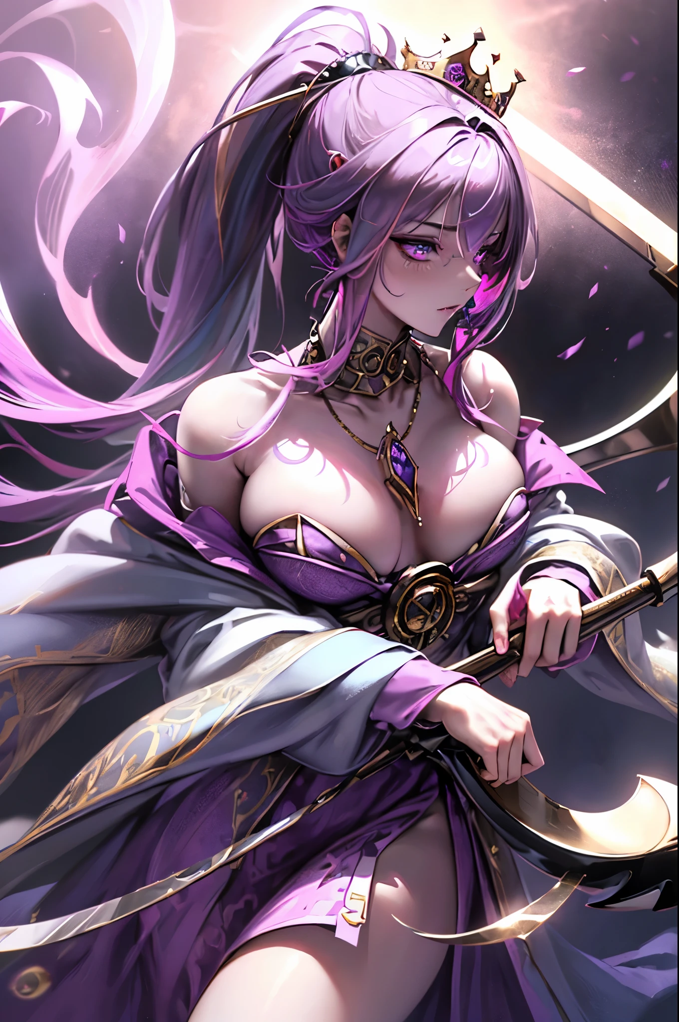 Vampire Queen Combat Dress (Radiant Royal Cloak: 1.2) Black and Purple Color, (extremely delicate beautiful eyes and depression but arrogant eyes), (multicolor, ponytail, iridescent hair, colorful hair, half purple and half pink hair: 1.3), (magical, mythic,fantasy), (Super Model Body Shape, idol, seducing body, attractive, gorgeous, charming, majesty, Sexy Devil aura), Original Character, Masterpiece, Tempting Purple Eyes, Purple Gemstone Accessories, Gold Belt, Gold Necklace, Wind Evil and body floating effect, Soft Moonlight, unique crown, (Corruption Tattoo on 1;1.25), (holding a Giant Scythe 1:1.3), 16k wallpaper style,bare shoulders, cute, petite, solo, stars, stardust, shiny body detailed, killing scenario, legend, horny blush, pink lips, cinematic lighting, full body close-up, scale up, twilight, dark magic, dark element, villain, battle mage, blindfold, solo leveling art style, perfect shade, shadow warrior, glowing armor