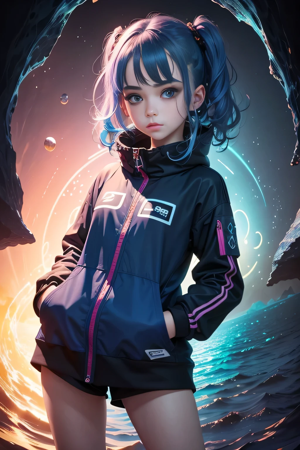 8K, 1 Girl, High Color, Gorgeous, (Fractal Art 1.8), pout, youth, Blue Hair, Under the Deep Sea, Gorgeous, Dynamic, visual impact, Hands in pockets, (Wave 1 on the lens.5)