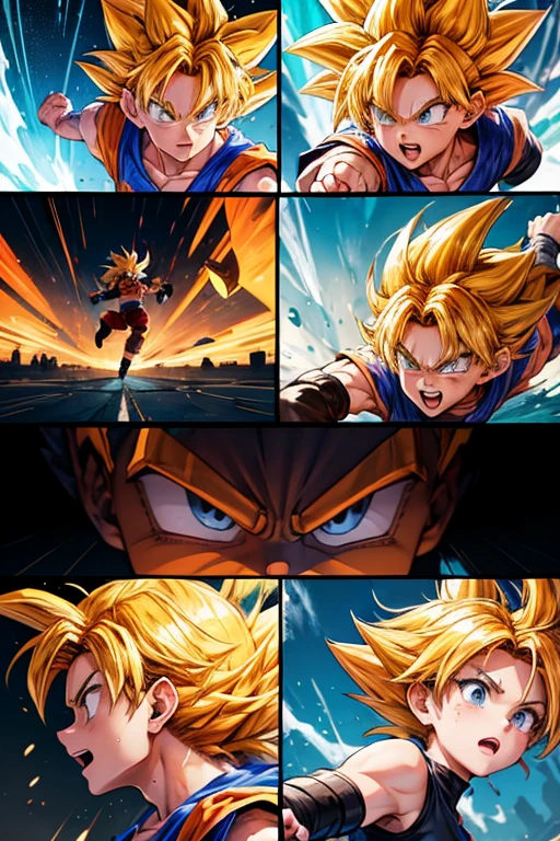 Illustrated cartoon Dragon Ball Goku and Dar manga series in vibrant and creative irregular slanted manga grid. Each grid contains an independent storyline, Start from the upper left corner,End at the lower right corner. Grids sometimes overlap or are placed diagonally to add visual tension. in some key plots, The character will jump out of the screen,Enhance the dynamics of the story. For example, The protagonist may jump from one grid to another while escaping, or in a battle scene, Actions may extend beyond the bounds of the grid. The background and situation of each grid gradually changes according to the development of the story., From city chase to secret base infiltration, and eventually move towards. Distinctive overall style, Bright colors,Rich expressions and movements. Leave conversation blank,Fill it out later,Let the audience imagine what the conversation would be like.
