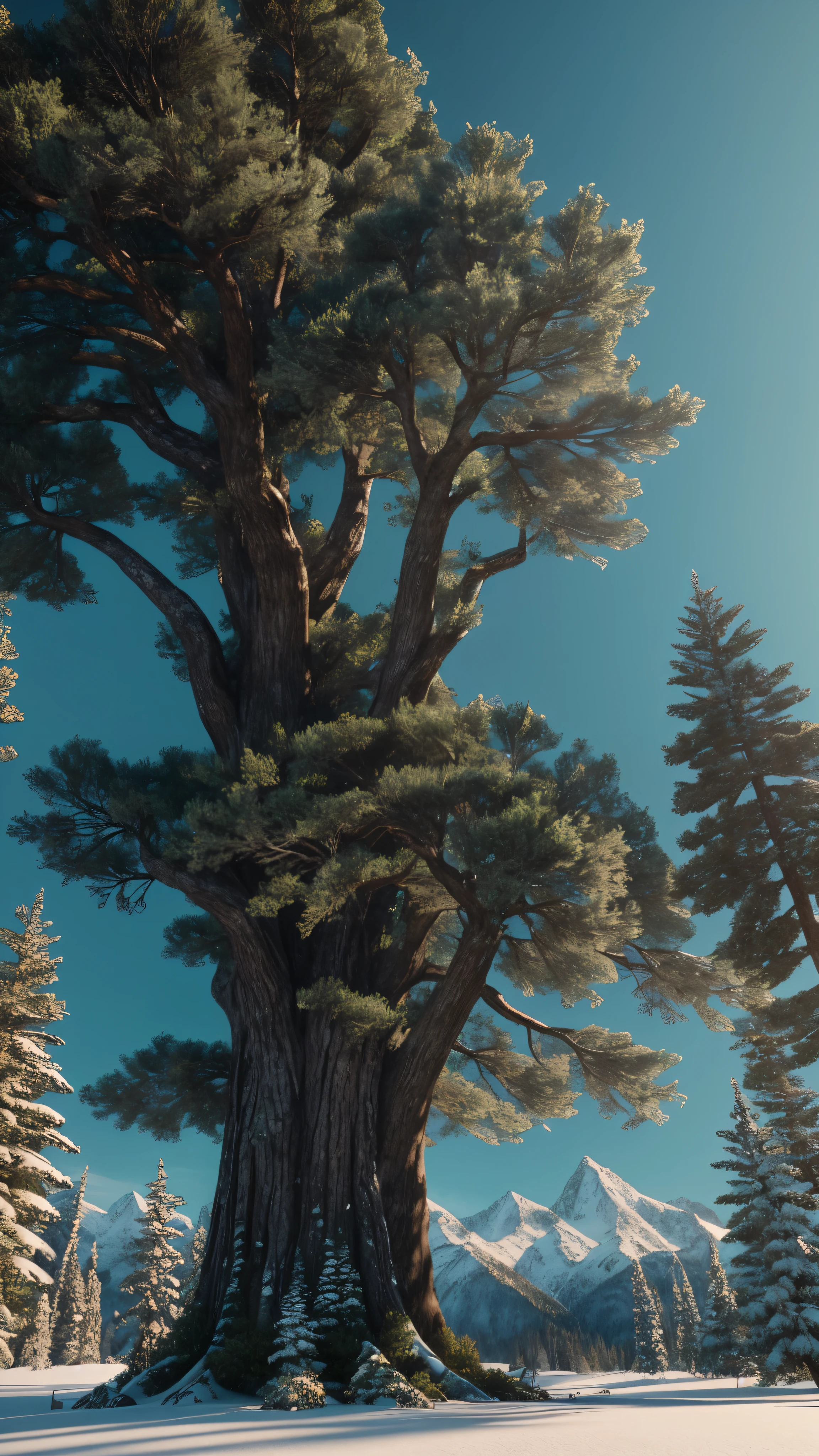 A colossal, epic fantasy tree named Zebaoth, standing tall amidst towering, snow-capped mountains in a wide-angle, cinematic lens view. The tree's intricate bark and detailed leaves are rendered in lifelike realism, showcasing smooth, 8k resolution and trending on ArtStation. With its huge trunk and sprawling branches, the tree's skin is meticulously textured, boasting a level of detailed realism that brings this 3D animation to life in a stunning and immersive manner. Presented in a 2:1 aspect ratio, the animation offers a vivid and captivating experience that will take your breath away. Resolution