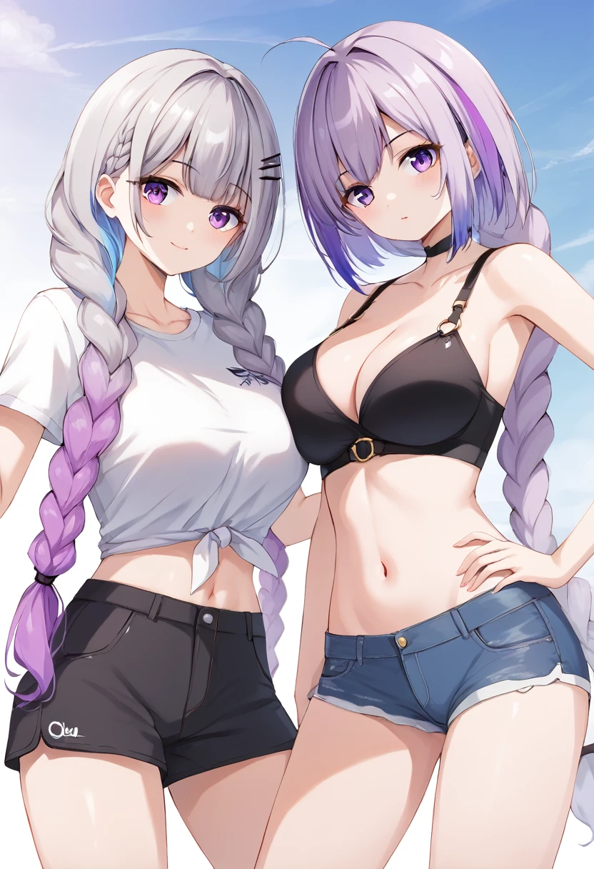 Masterpiece, best quality, ultra high quality, highres, wallpaper 8k, ,1girl, duo, Two women, Two women standing, Two women face to face, purple_hair,purple_eyes,very_long_hair,grey_hair,braided_ponytail,large_breasts,gradient_hair, Shorts,
