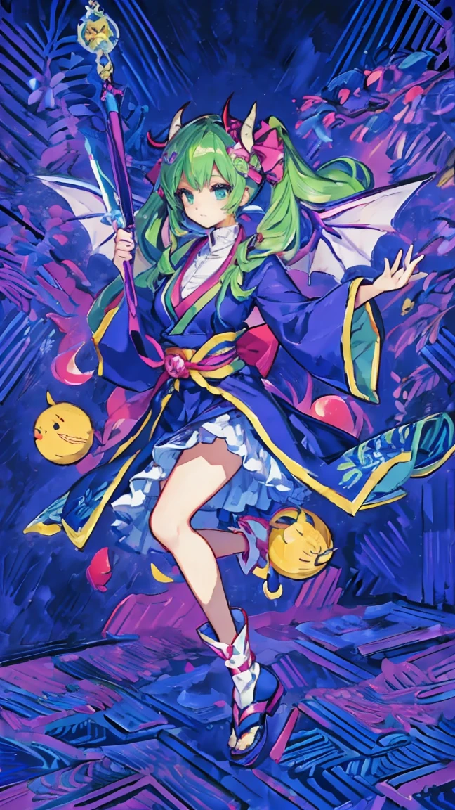 Japanese anime style.
Hong Kong cityscape at night.
A cute magical girl and a cool male demon king are enjoying the Parapara dance..
[Cute Magical Girls Special]
Long light green twin tails.
Beautiful hair accessories, but、Ugly but cute mascot characters also appear.
She has a shiny magic wand with a big jewel on it.
[Characteristics of a male demon king]
He is handsome, Mature men in their 30s.
The head has horns、Her hair is very long、It is reddish purple。.
He is wearing a cool long coat, It comes with something like a mascot character...
Large bat-like wings growing from its back..
Next to him is a small, Cute dragon-like monster..