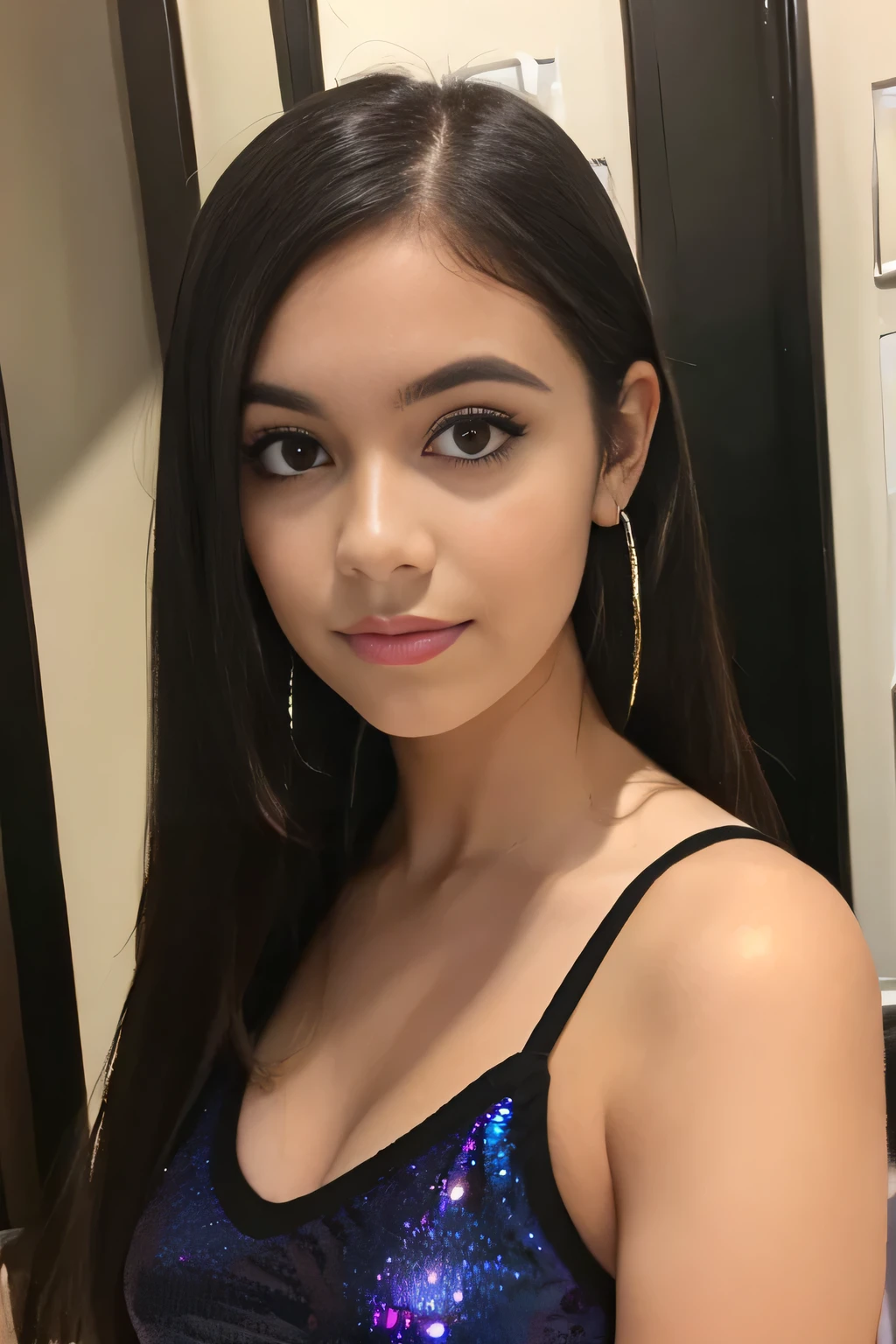 Latin girl. Dark hair. Straight hair. Dark Eyes. . Young adult. Pretty. Popular. Outgoing. Cheerleader. Thin eyebrows. Hoop earrings.